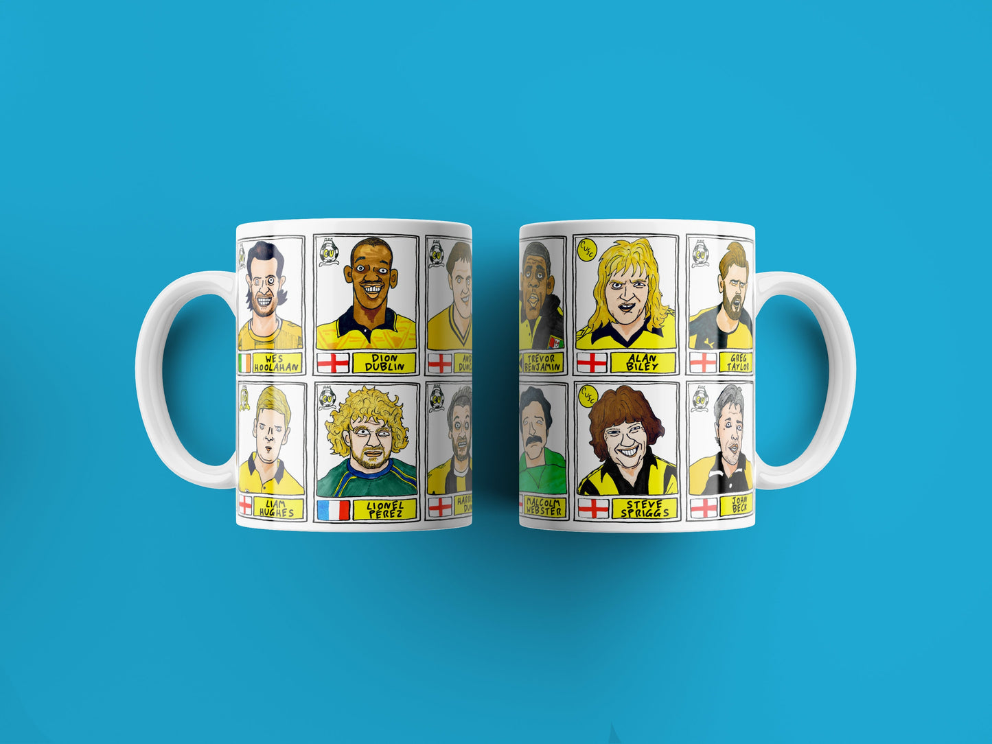 Cambridge United No Score Draws Mug Set - Set of TWO 11oz Ceramic Mugs with Wonky Panini sticker-style CUFC Abbey U's No Score Draws Doodles