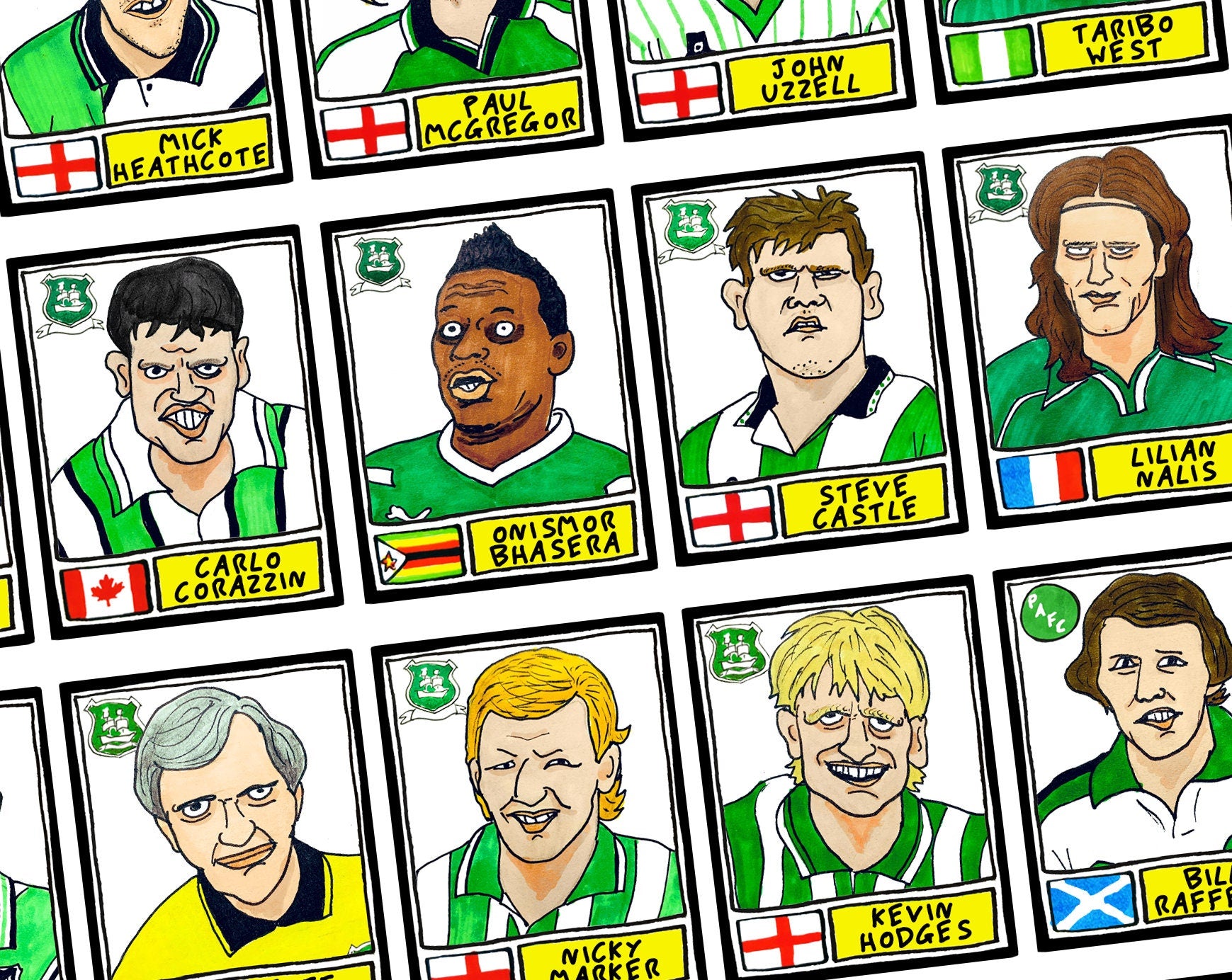 Plymouth Argyle - No Score Draws Pilgrims Edition - A3 print of 36 hand-drawn Panini-style PAFC icons - Wonky cheapskate football art