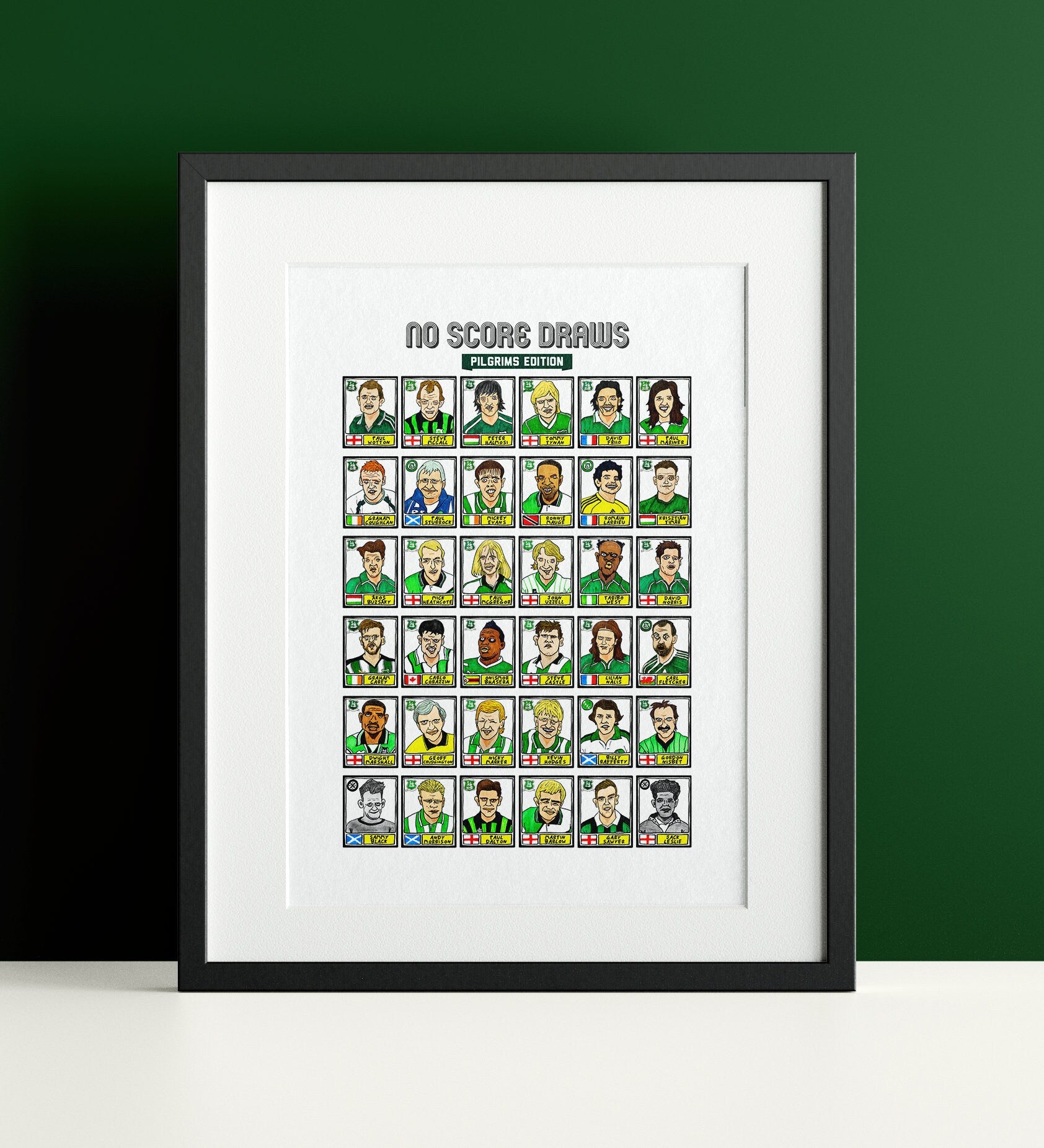 Plymouth Argyle - No Score Draws Pilgrims Edition - A3 print of 36 hand-drawn Panini-style PAFC icons - Wonky cheapskate football art