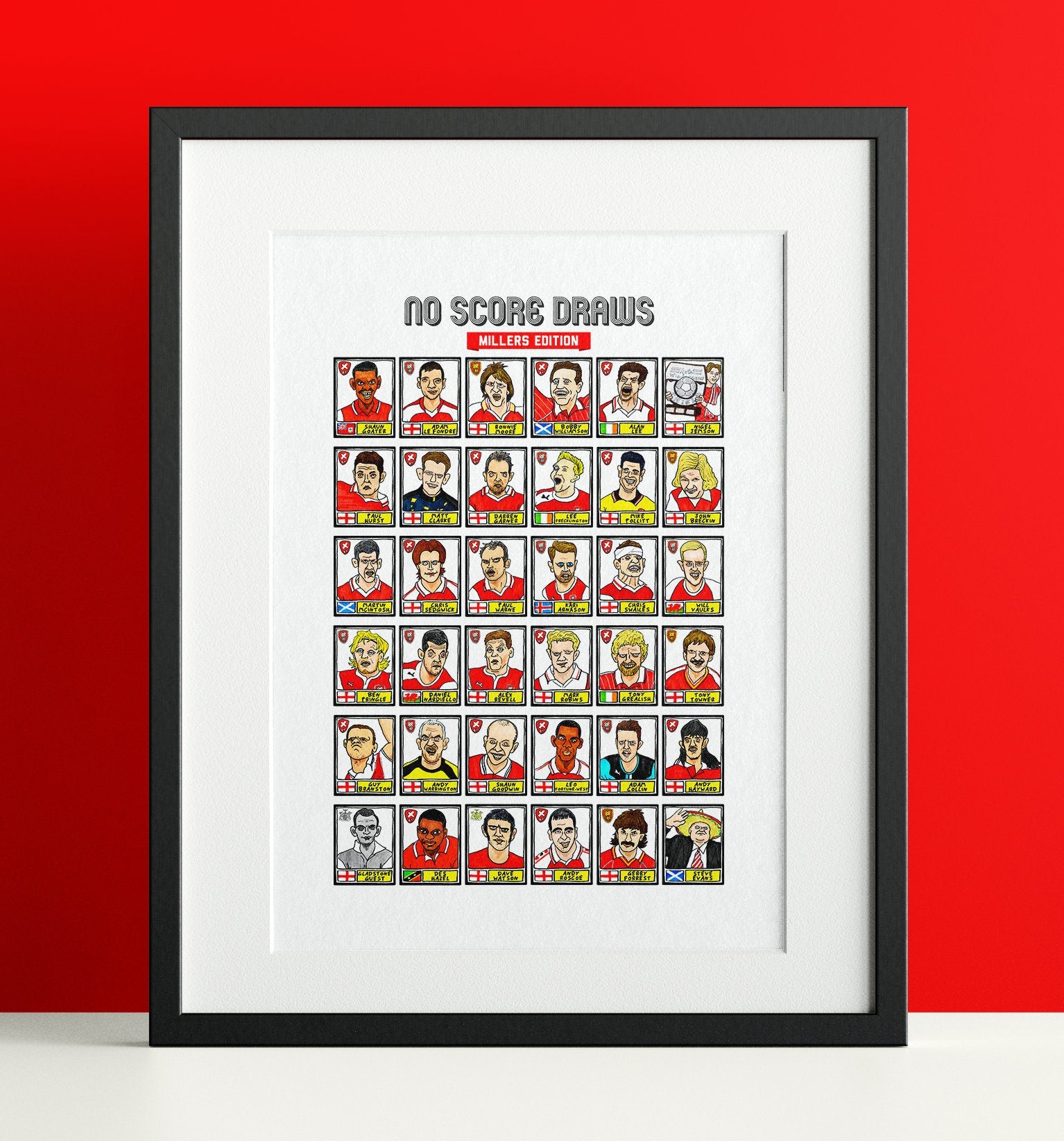 Rotherham United - No Score Draws Millers Edition - A3 print of 36 hand-drawn Panini-style RUFC icons - Wonky cheapskate football art