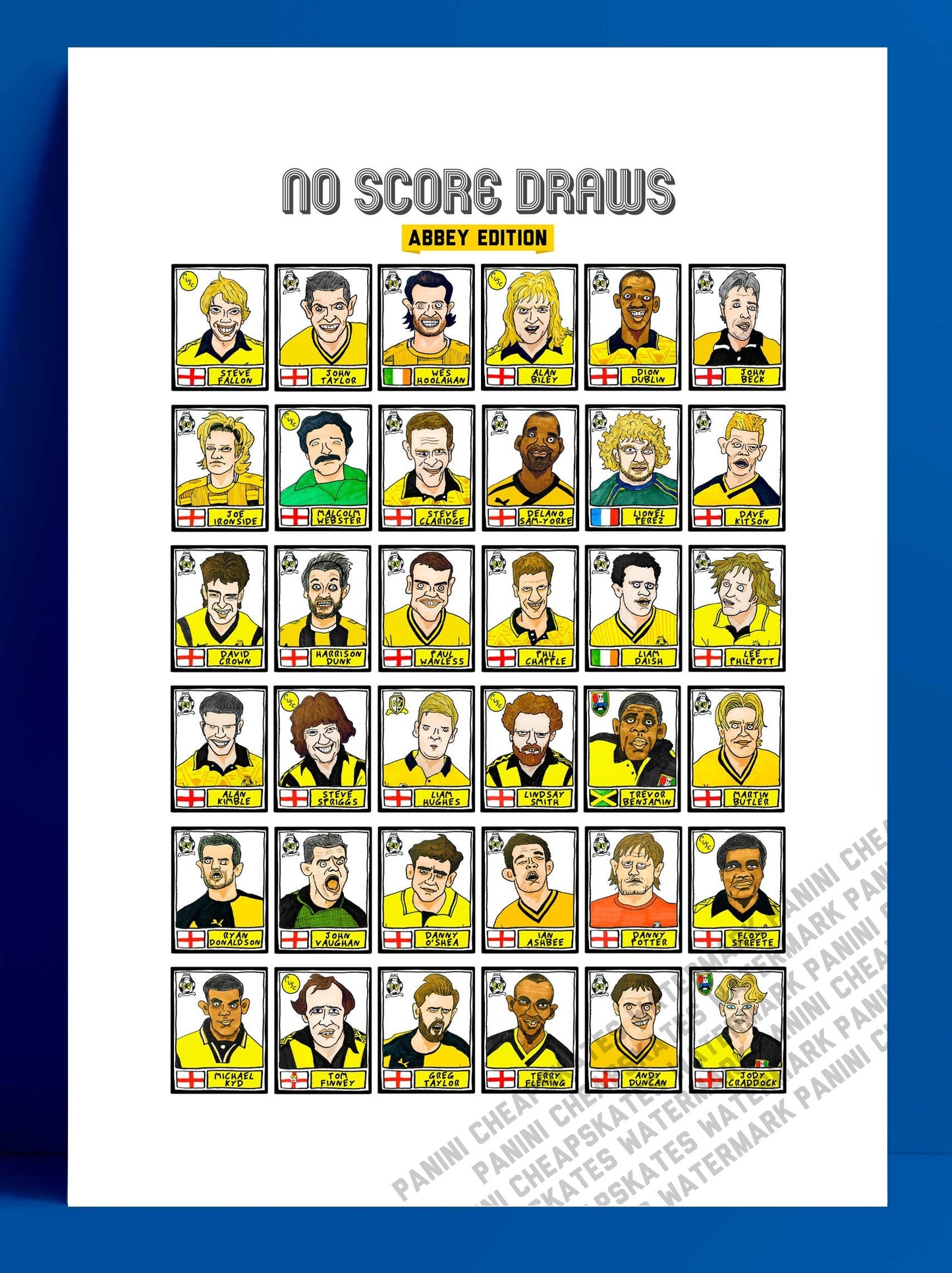 Cambridge United - No Score Draws Abbey Edition - A3 print of 36 hand-drawn Panini-style CUFC icons - Wonky cheapskate football art