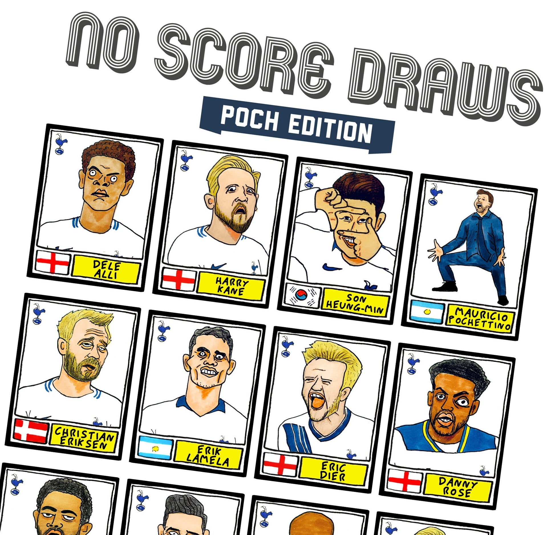 Spurs Volume 2 - No Score Draws Poch Edition - A3 print of 24 hand-drawn Panini-style football sticker legends - Poch era THFC football art