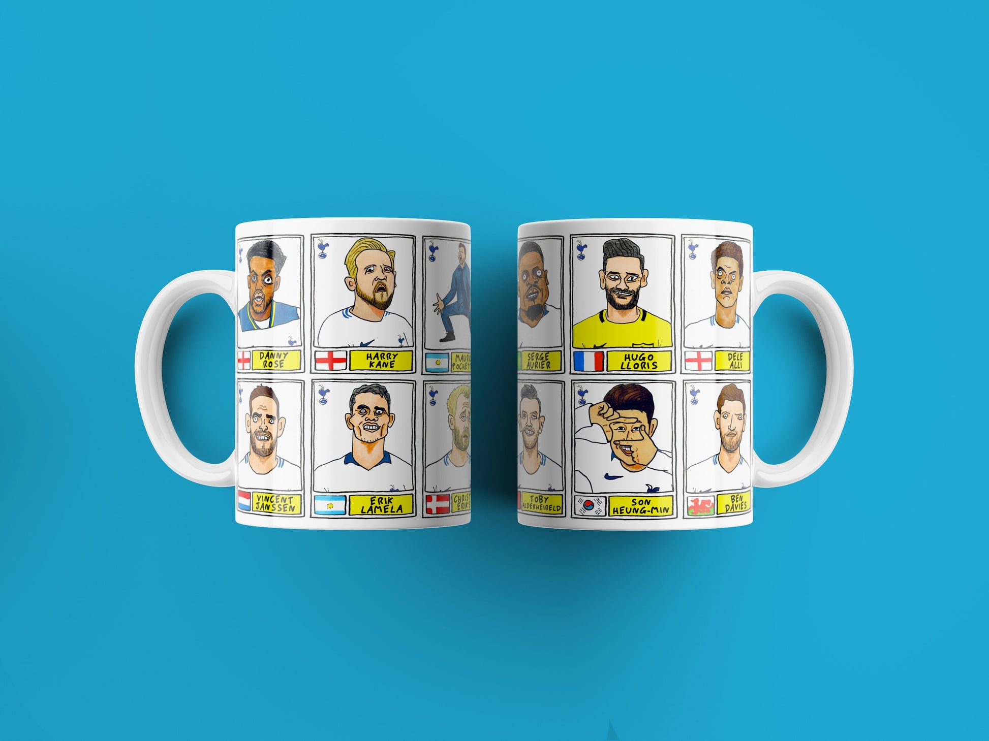 Spurs Volume 2 No Score Draws Mug Set - Set of TWO 11oz Ceramic Mugs with Wonky Panini sticker-style THFC Poch Era No Score Draws Doodles