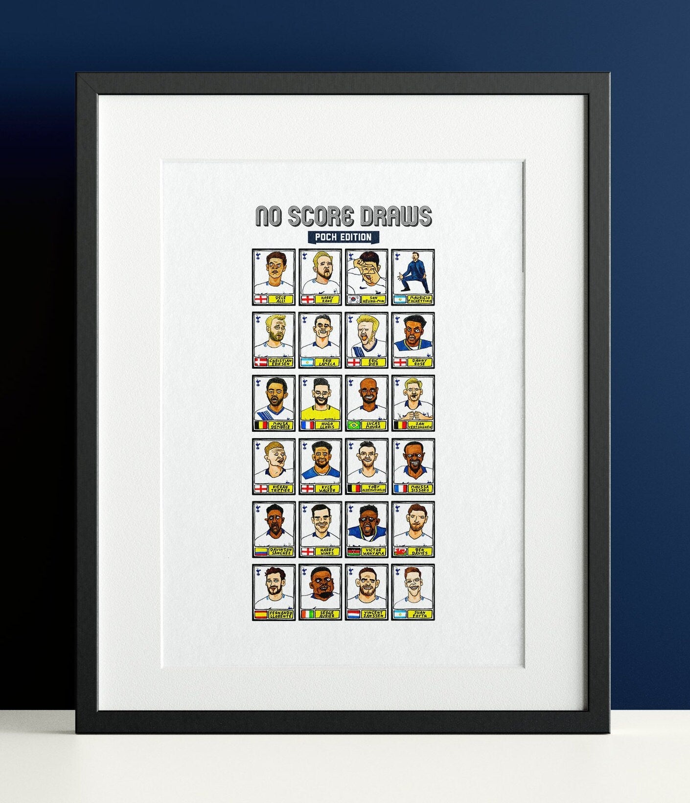 Spurs Volume 2 - No Score Draws Poch Edition - A3 print of 24 hand-drawn Panini-style football sticker legends - Poch era THFC football art