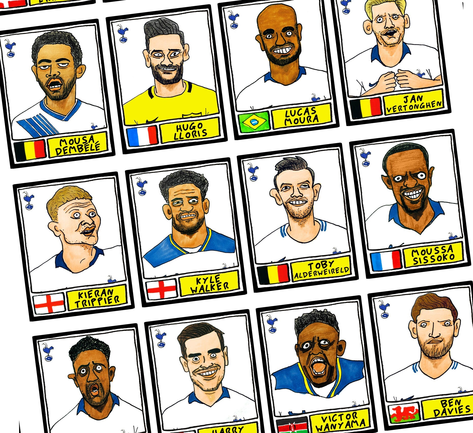 Spurs Volume 2 - No Score Draws Poch Edition - A3 print of 24 hand-drawn Panini-style football sticker legends - Poch era THFC football art