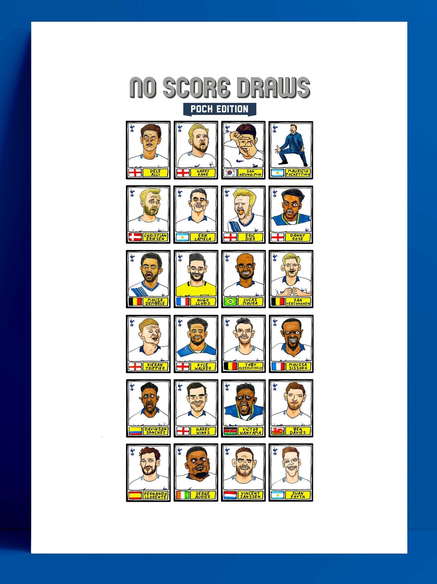 Spurs Volume 2 - No Score Draws Poch Edition - A3 print of 24 hand-drawn Panini-style football sticker legends - Poch era THFC football art