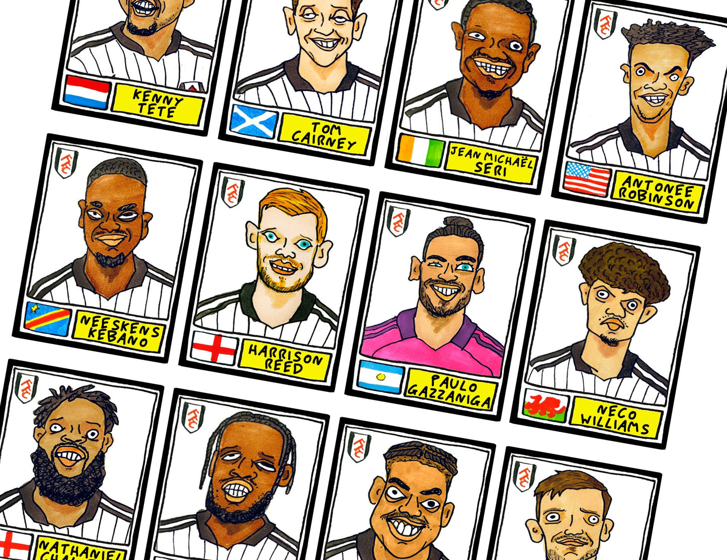 Fulham Volume 2 - No Score Draws Mitro Edition - A3 print of 24 hand-drawn Panini-style doodles of Fulham's 21-22 Championship-winning team