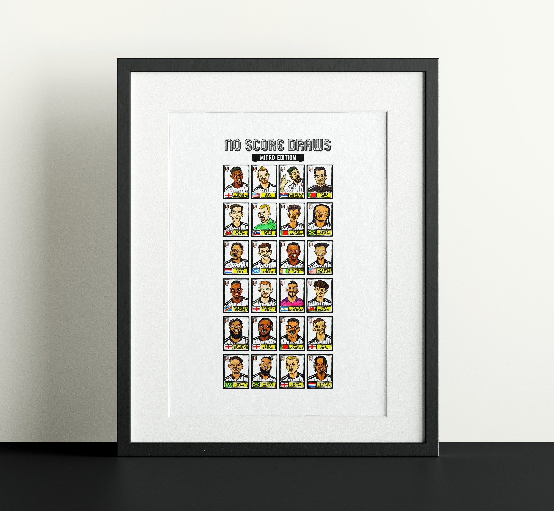 Fulham Volume 2 - No Score Draws Mitro Edition - A3 print of 24 hand-drawn Panini-style doodles of Fulham's 21-22 Championship-winning team