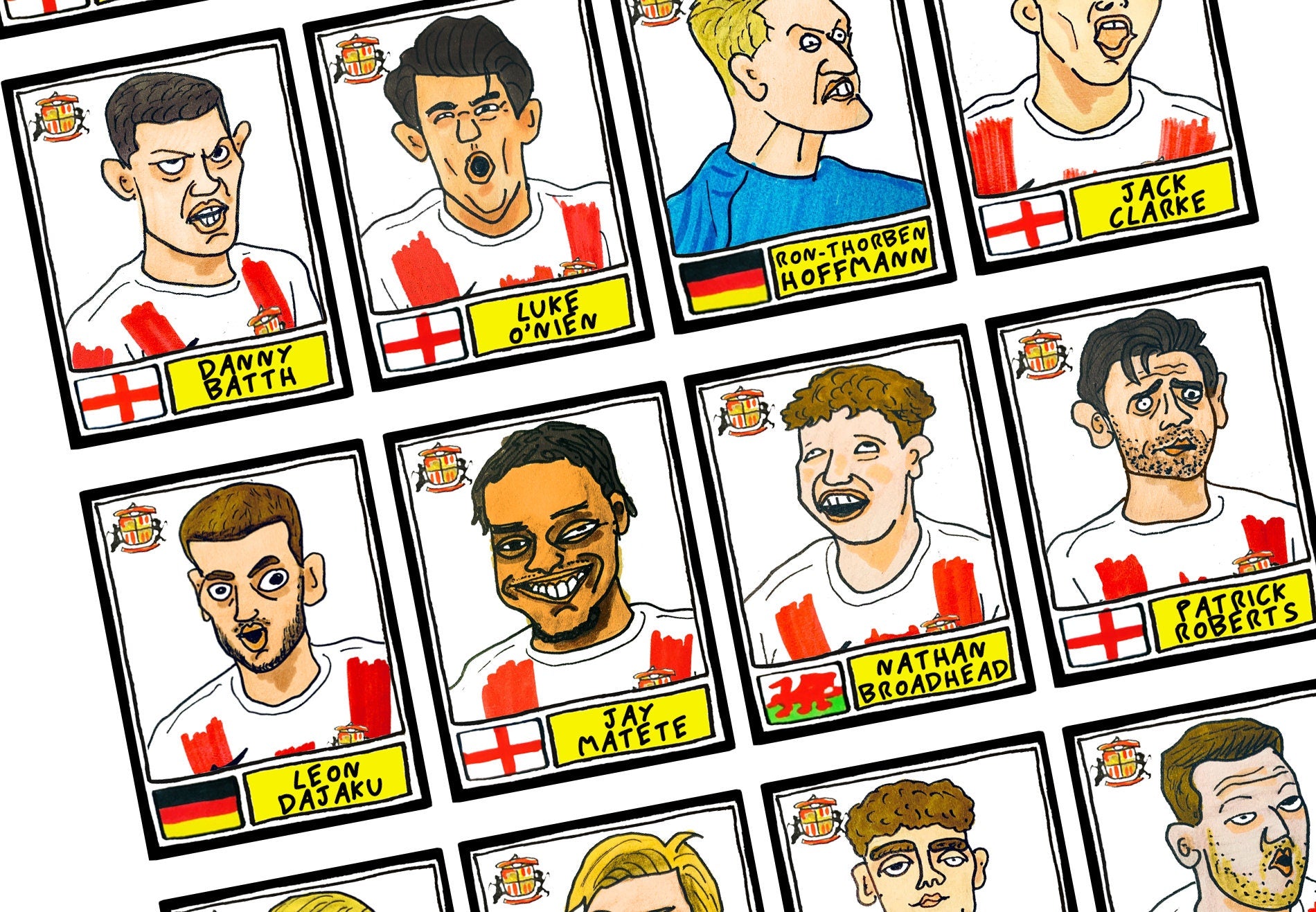 Sunderland Volume 2 - No Score Draws Stadium Of Light Edition - A3 print of 24 hand-drawn Panini-style doodles of SAFCs 2022 playoff-winners