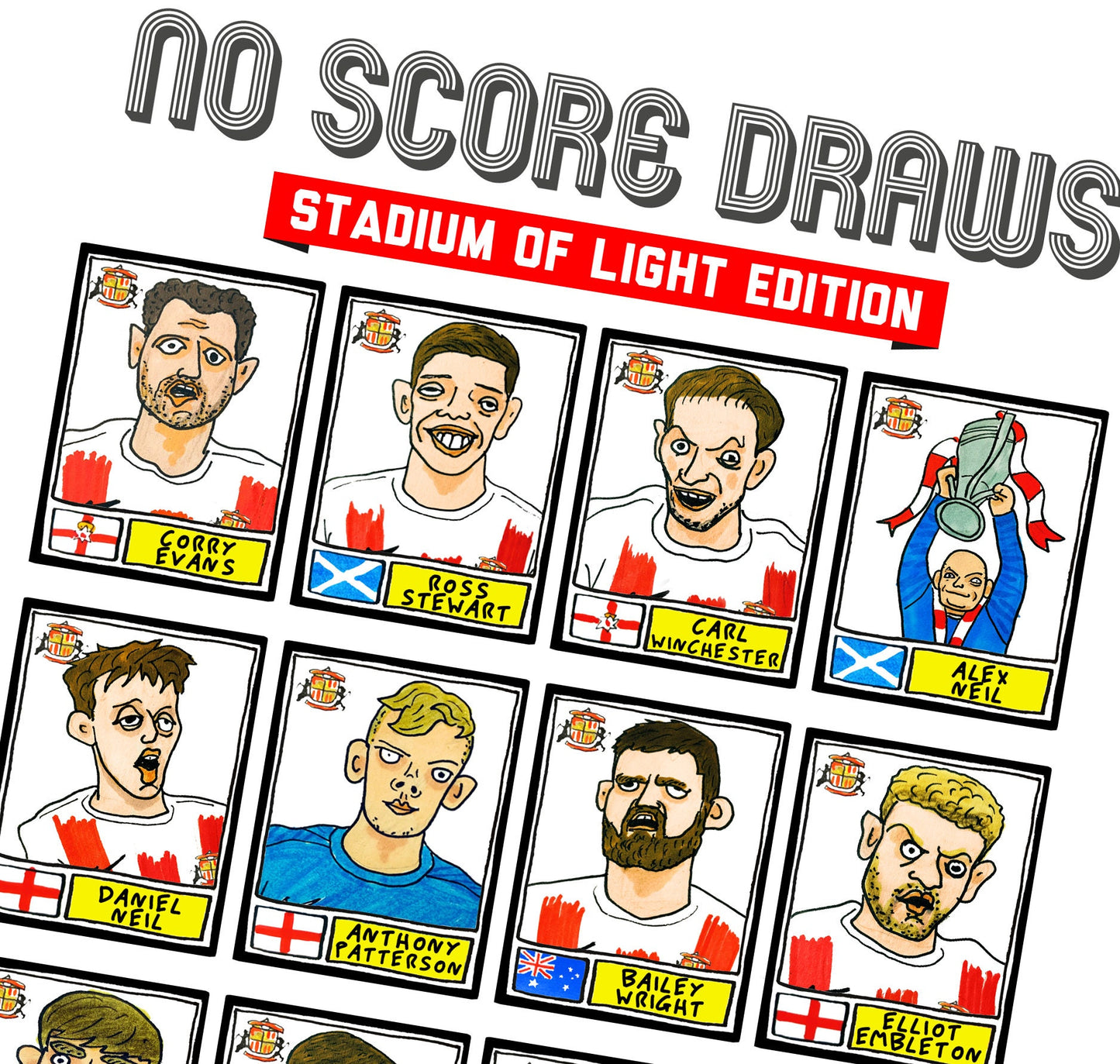 Sunderland Volume 2 - No Score Draws Stadium Of Light Edition - A3 print of 24 hand-drawn Panini-style doodles of SAFCs 2022 playoff-winners