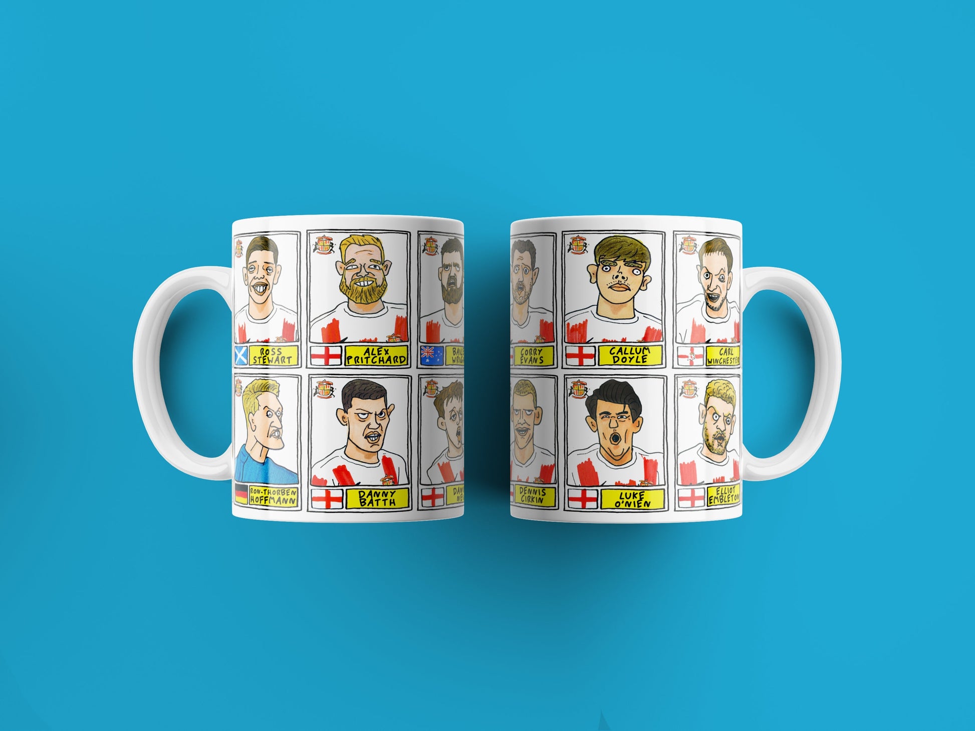 Sunderland Volume 2 No Score Draws Mug Set - Set of TWO 11oz Ceramic Mugs with Wonky Panini-style Doodles of SAFC's 21-22 Playoff-Winners