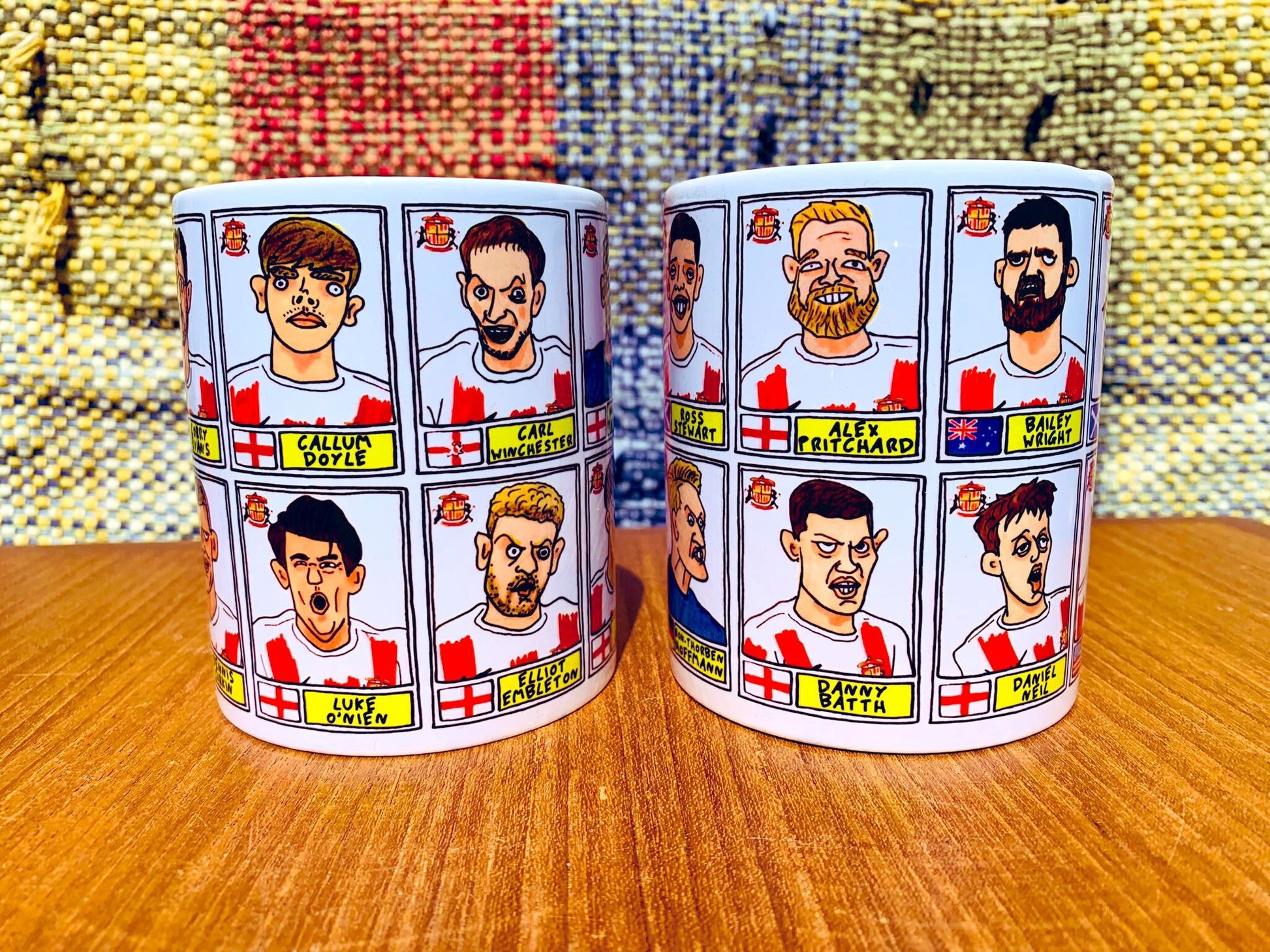 Sunderland Volume 2 No Score Draws Mug Set - Set of TWO 11oz Ceramic Mugs with Wonky Panini-style Doodles of SAFC's 21-22 Playoff-Winners