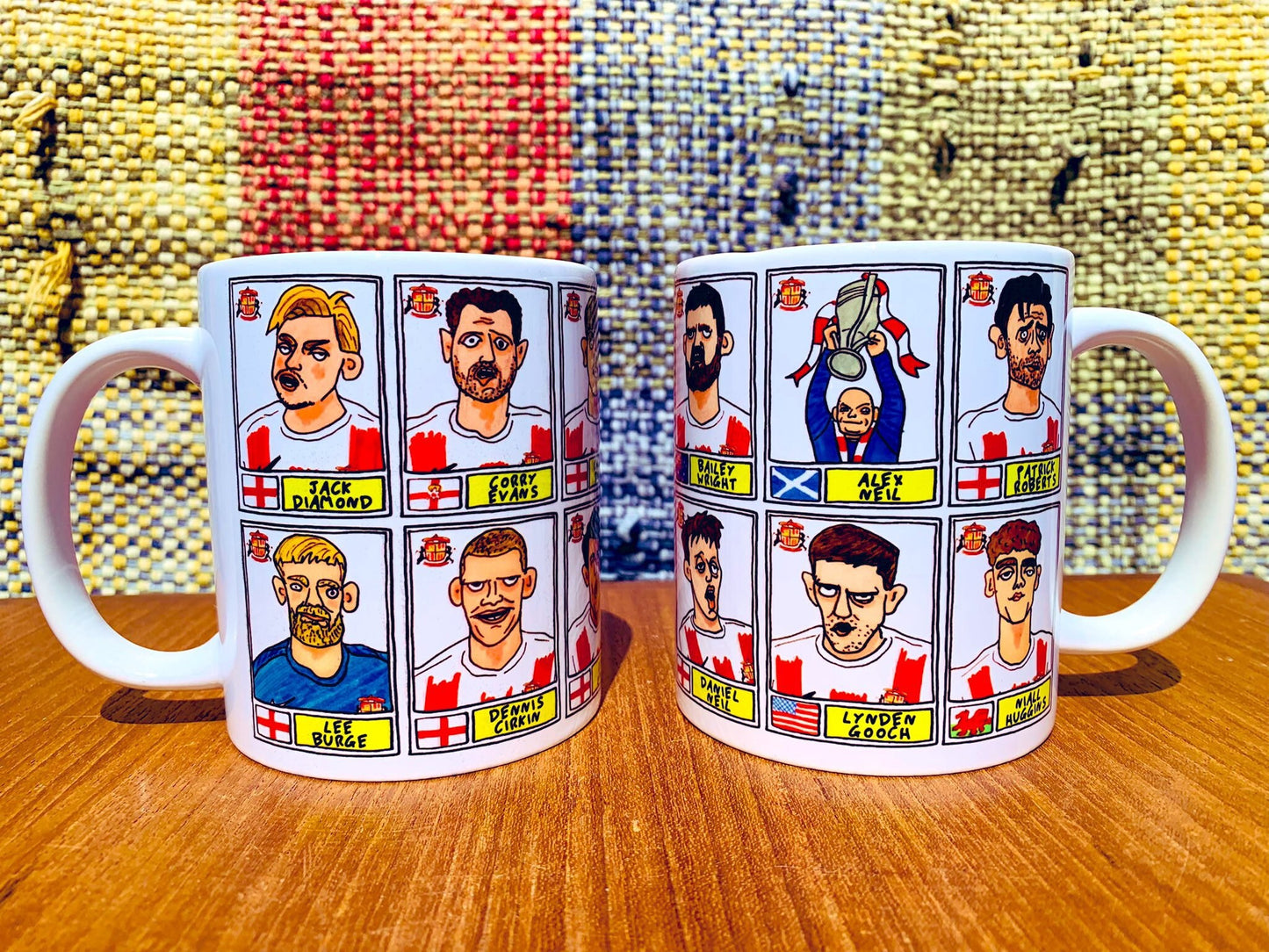 Sunderland Volume 2 No Score Draws Mug Set - Set of TWO 11oz Ceramic Mugs with Wonky Panini-style Doodles of SAFC's 21-22 Playoff-Winners