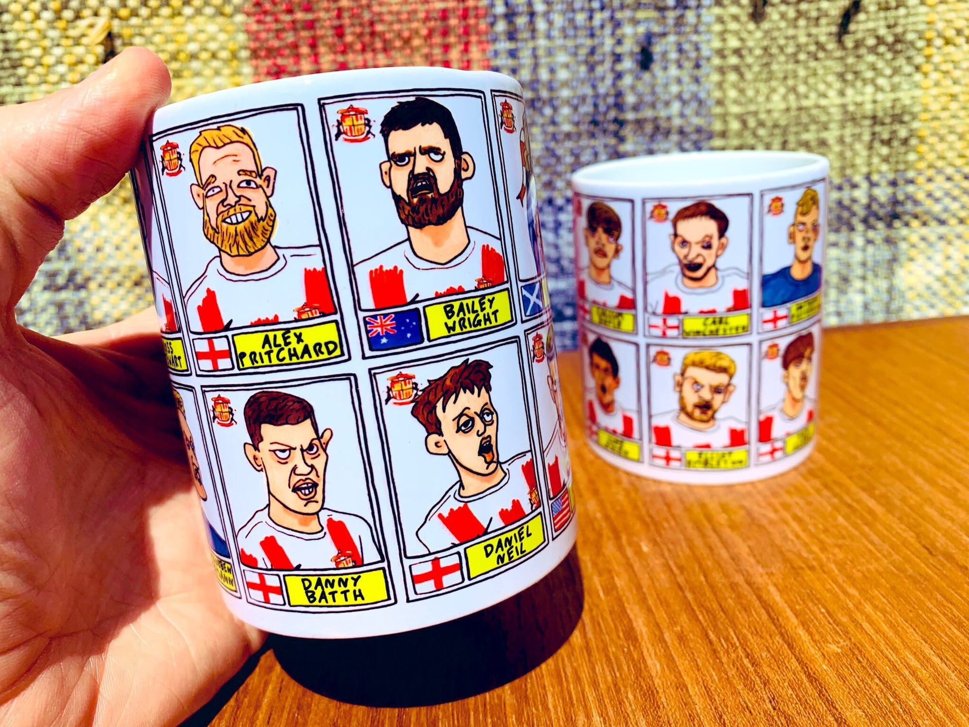 Sunderland Volume 2 No Score Draws Mug Set - Set of TWO 11oz Ceramic Mugs with Wonky Panini-style Doodles of SAFC's 21-22 Playoff-Winners