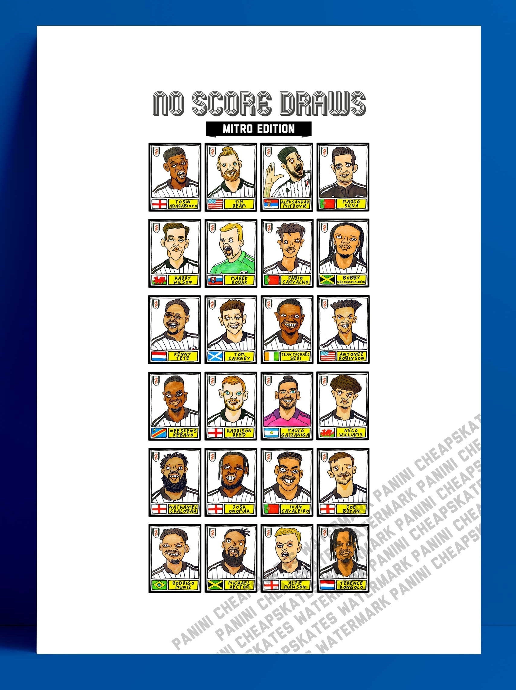 Fulham Volume 2 - No Score Draws Mitro Edition - A3 print of 24 hand-drawn Panini-style doodles of Fulham's 21-22 Championship-winning team