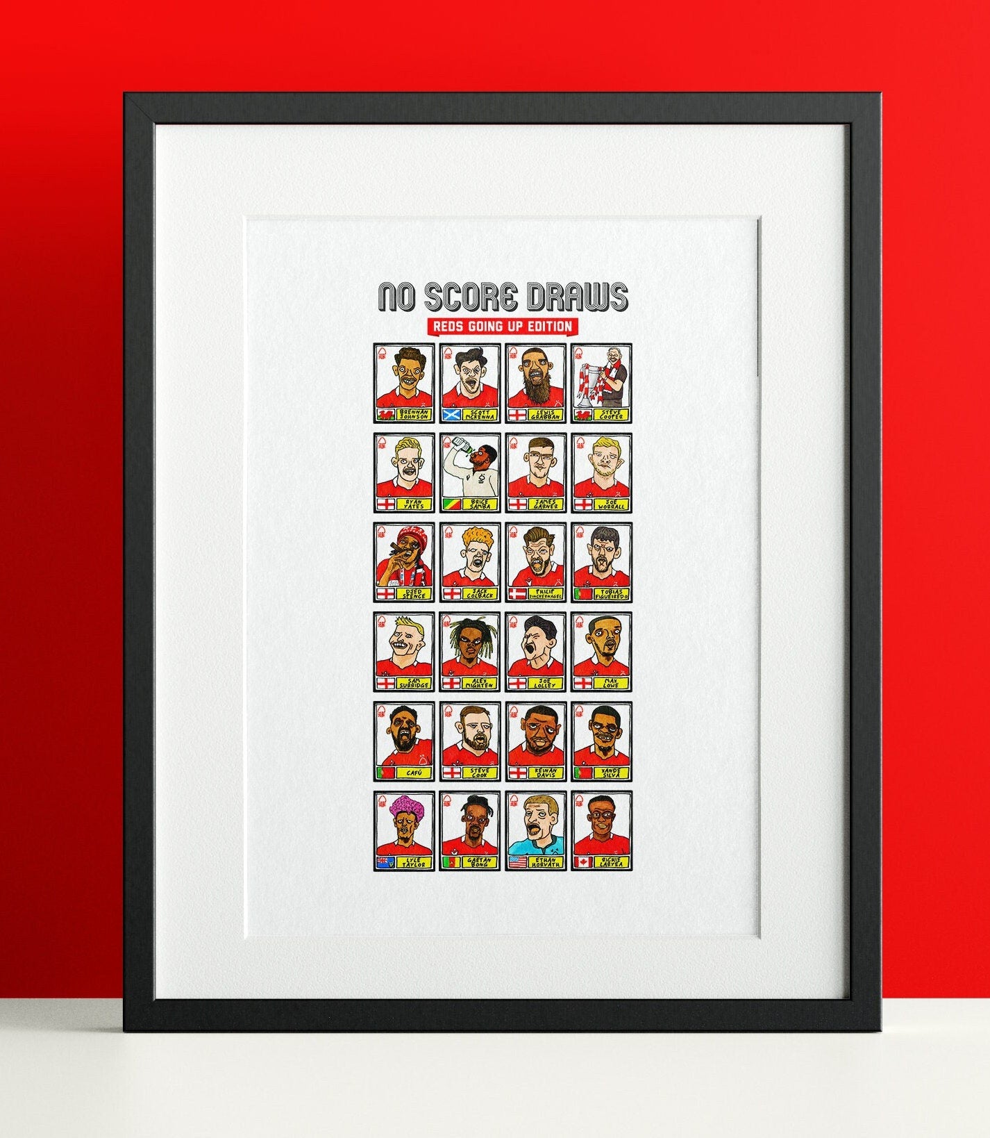 Nottingham Forest Vol 3 - No Score Draw Reds Going Up Edition - A3 print of 24 hand-drawn Panini-style doodles of NFFCs 2022 playoff-winners