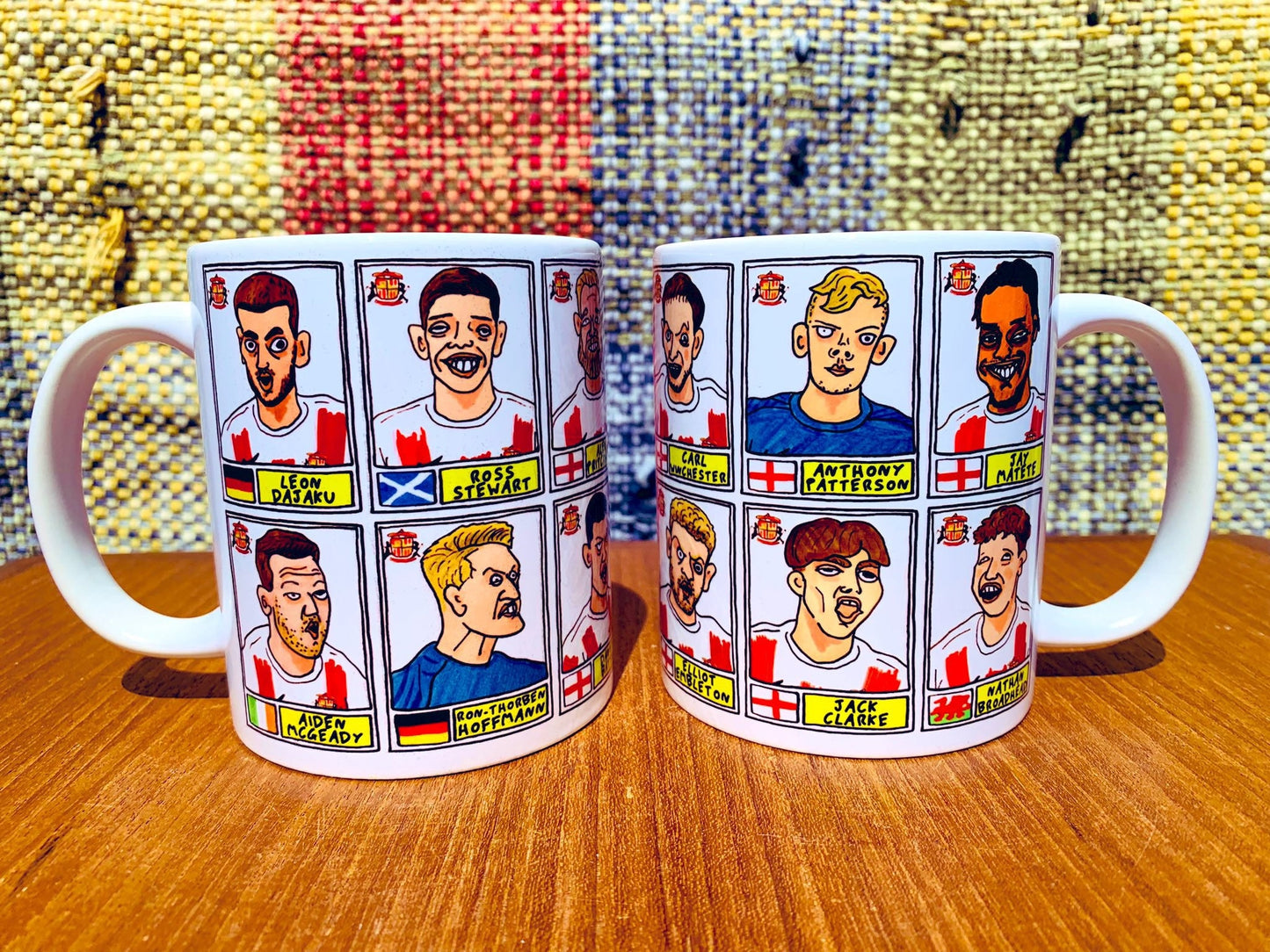 Sunderland Volume 2 No Score Draws Mug Set - Set of TWO 11oz Ceramic Mugs with Wonky Panini-style Doodles of SAFC's 21-22 Playoff-Winners