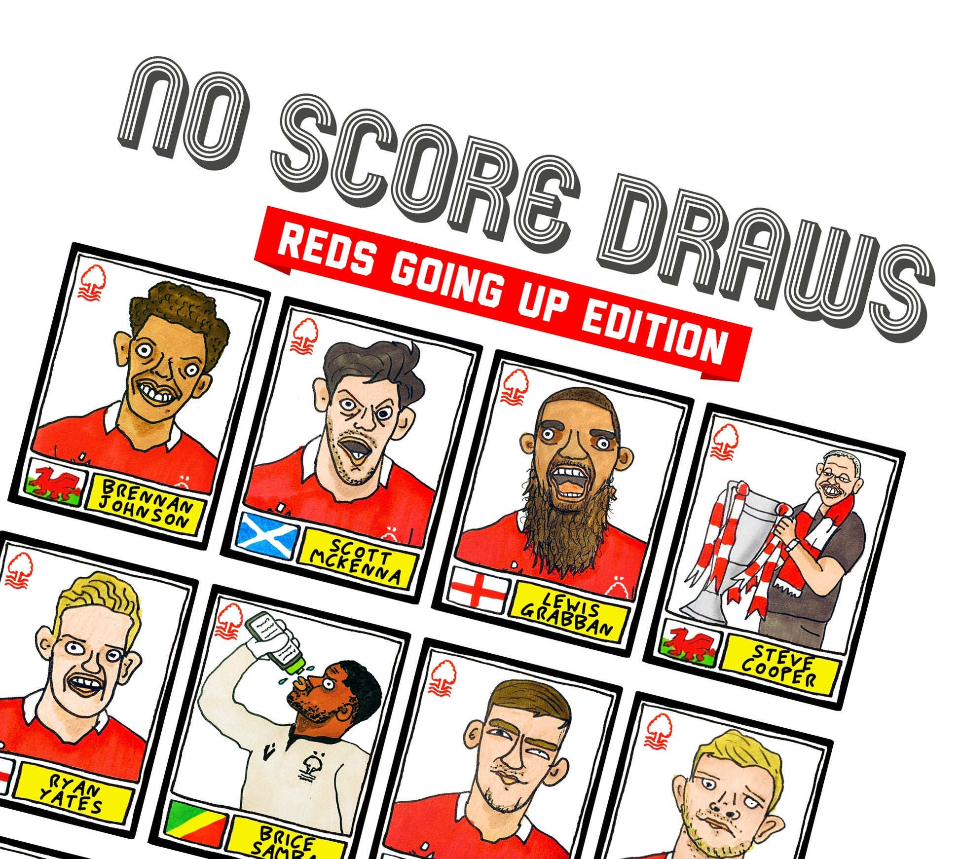 Nottingham Forest Vol 3 - No Score Draw Reds Going Up Edition - A3 print of 24 hand-drawn Panini-style doodles of NFFCs 2022 playoff-winners