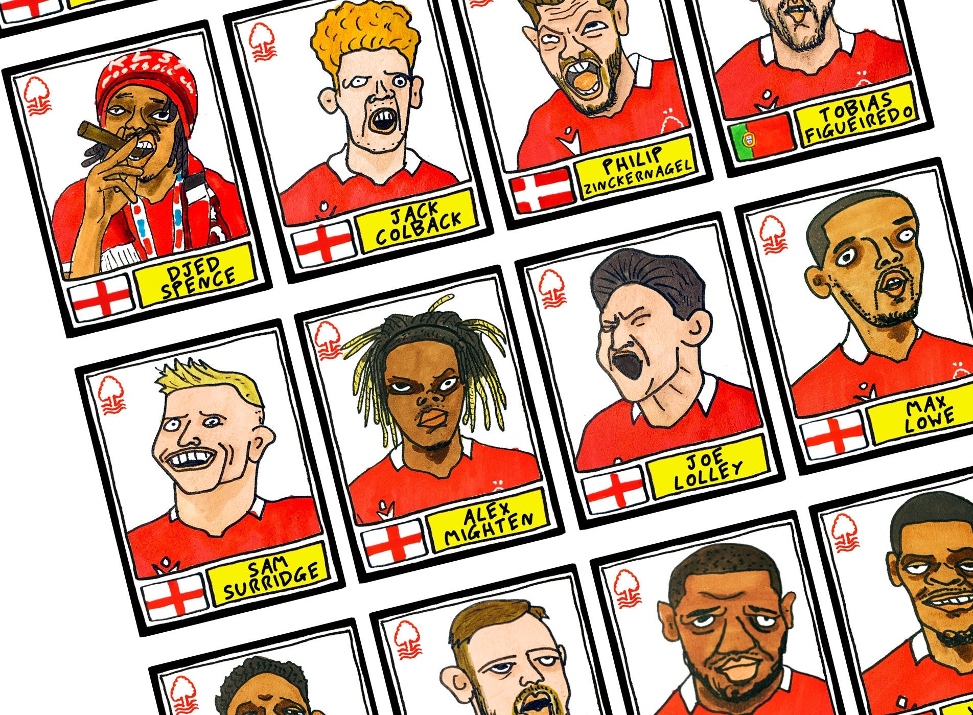 Nottingham Forest Vol 3 - No Score Draw Reds Going Up Edition - A3 print of 24 hand-drawn Panini-style doodles of NFFCs 2022 playoff-winners