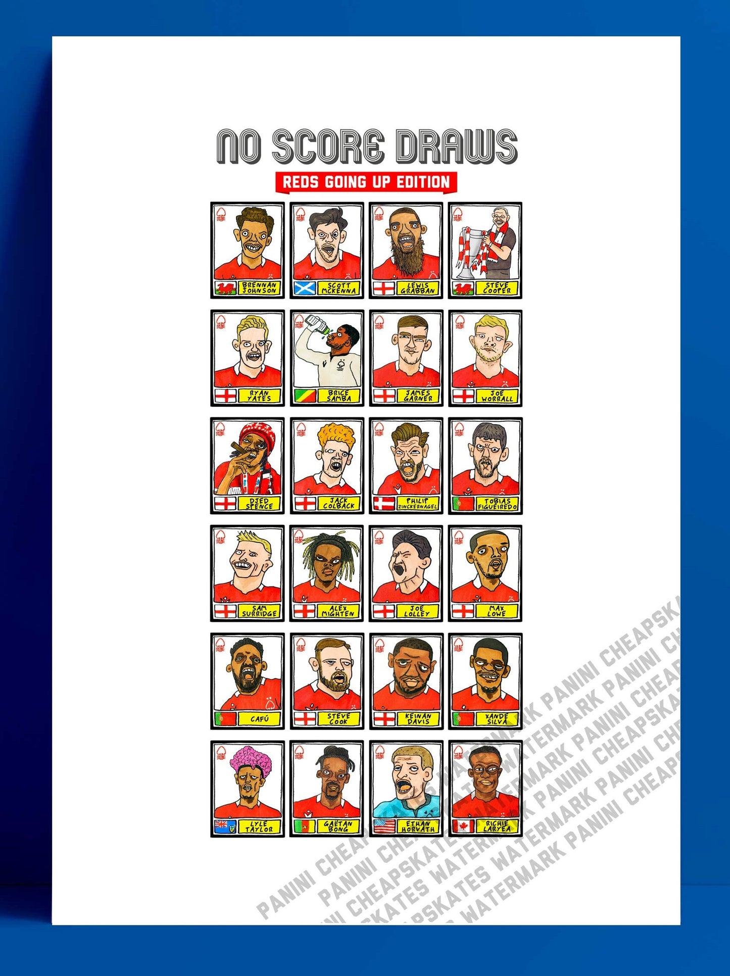 Nottingham Forest Vol 3 - No Score Draw Reds Going Up Edition - A3 print of 24 hand-drawn Panini-style doodles of NFFCs 2022 playoff-winners