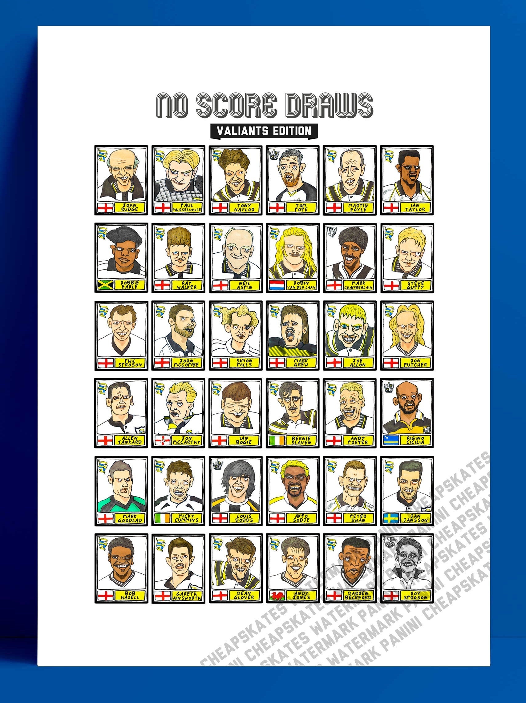 Port Vale - No Score Draws Valiants Edition - A3 print of 36 hand-drawn Panini-style Port Vale PVFC legends - Cheapskate football art