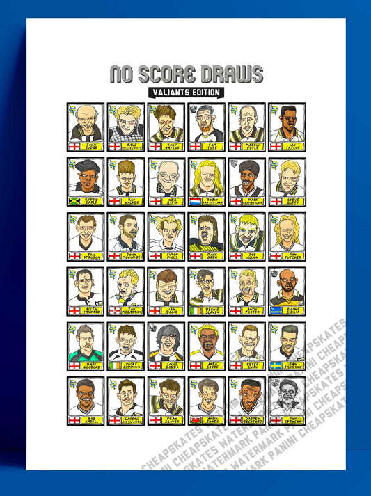 Port Vale - No Score Draws Valiants Edition - A3 print of 36 hand-drawn Panini-style Port Vale PVFC legends - Cheapskate football art