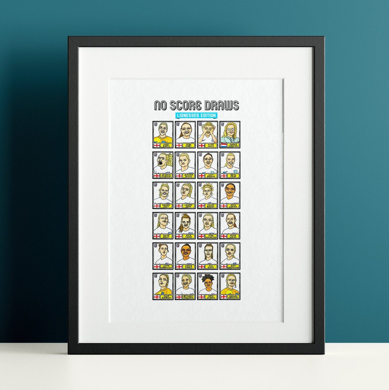 England Lionesses Vol 1 - No Score Draws Lionesses Edition -A3 print of 24 hand-drawn Panini-style doodles of England Women's Euro2022 Squad