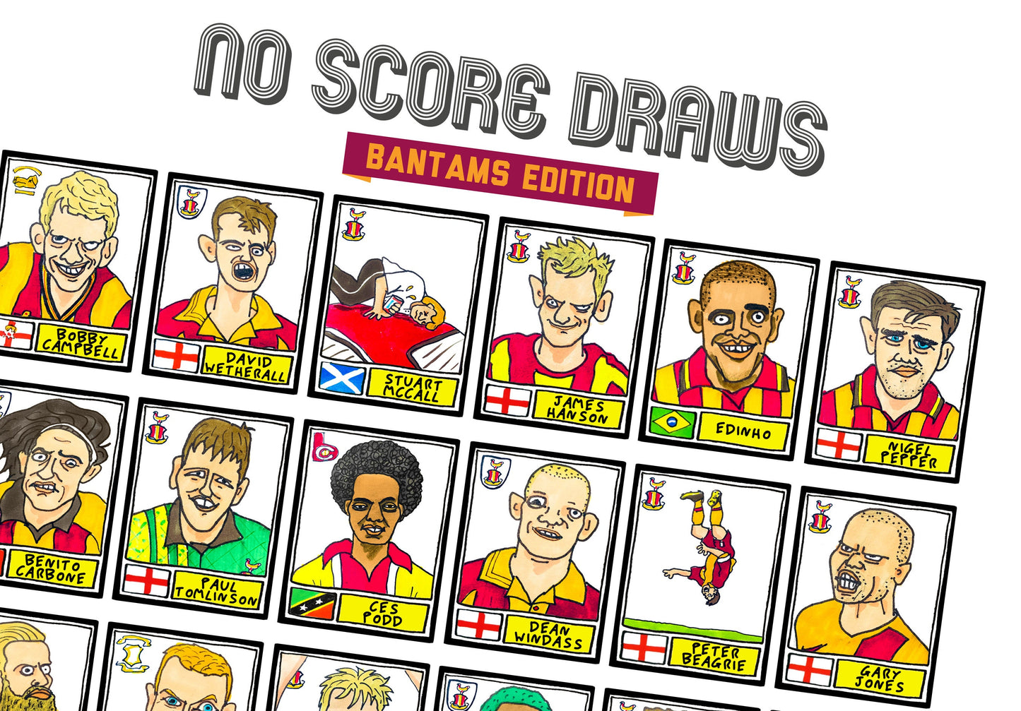 Bradford City - No Score Draws Bantams Edition - A3 print of 36 hand-drawn Panini-sticker-style BCAFC icons - Wonky Cheapskate football art