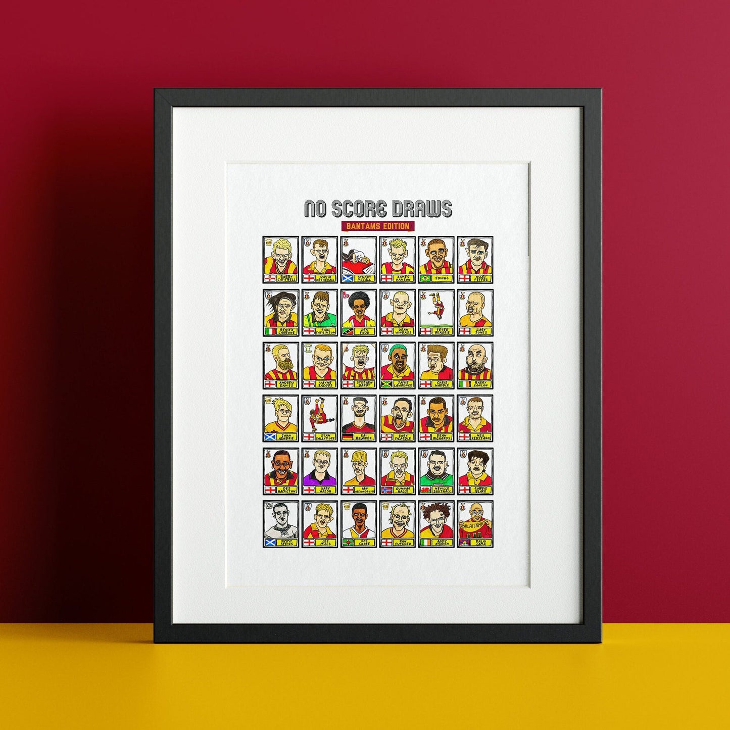 Bradford City - No Score Draws Bantams Edition - A3 print of 36 hand-drawn Panini-sticker-style BCAFC icons - Wonky Cheapskate football art