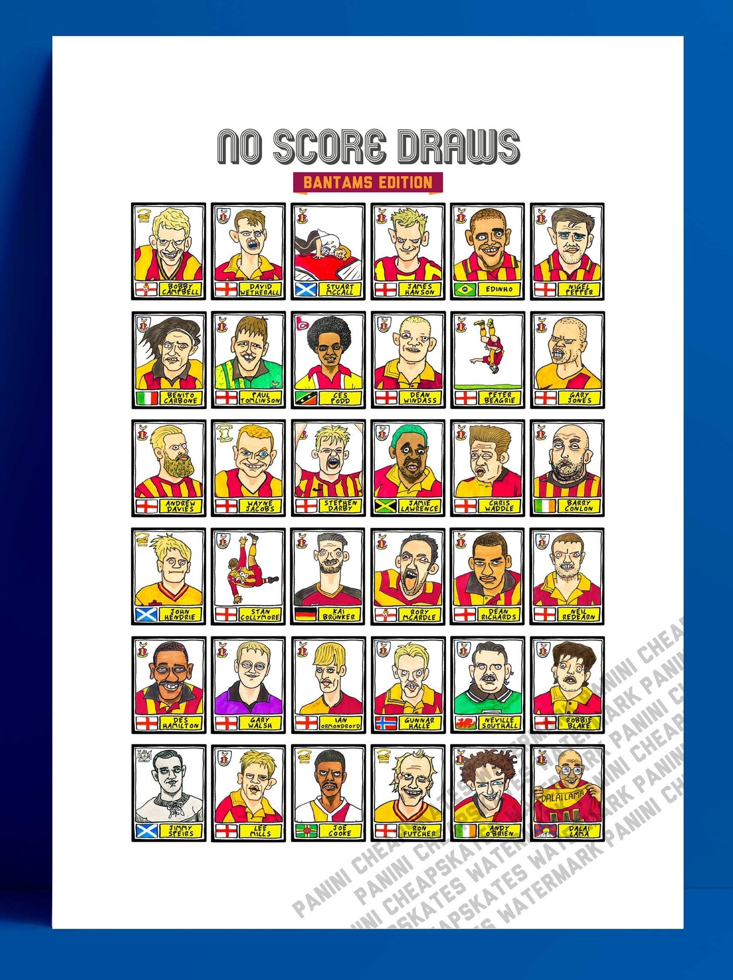 Bradford City - No Score Draws Bantams Edition - A3 print of 36 hand-drawn Panini-sticker-style BCAFC icons - Wonky Cheapskate football art