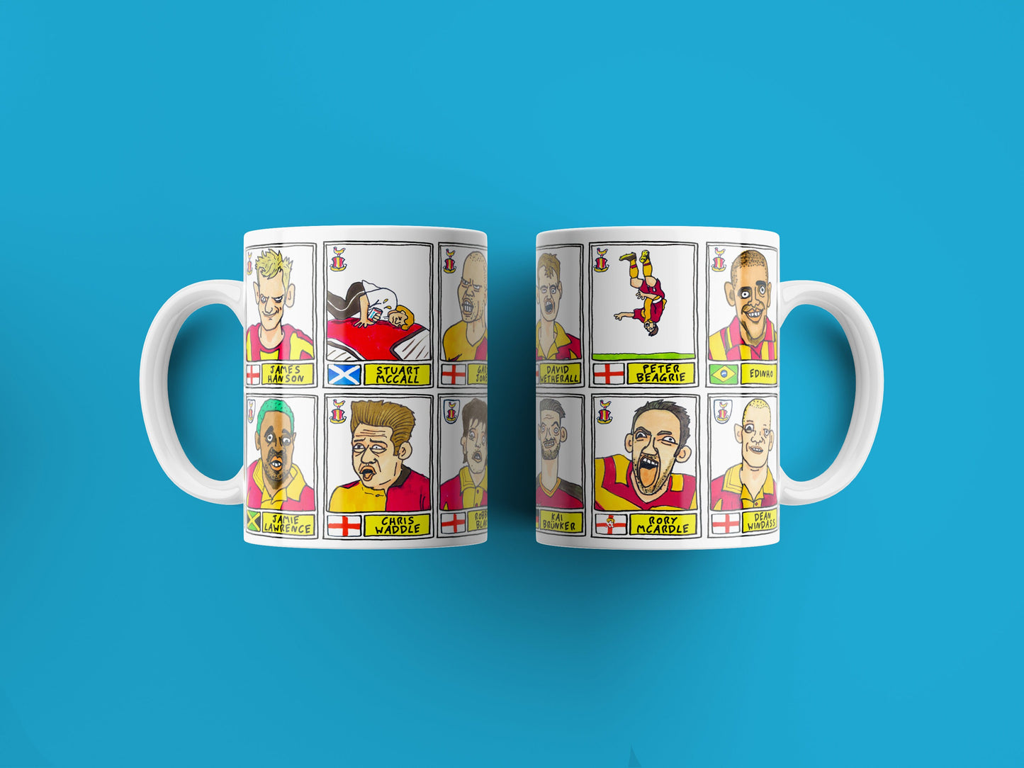 Bradford City No Score Draws Mug Set - Set of TWO 11oz Ceramic Mugs with Wonky Panini sticker-style doodles of Various Bantams BCAFC Icons