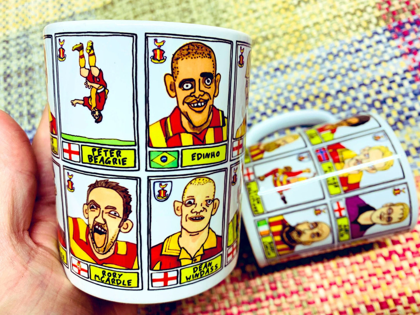 Bradford City No Score Draws Mug Set - Set of TWO 11oz Ceramic Mugs with Wonky Panini sticker-style doodles of Various Bantams BCAFC Icons