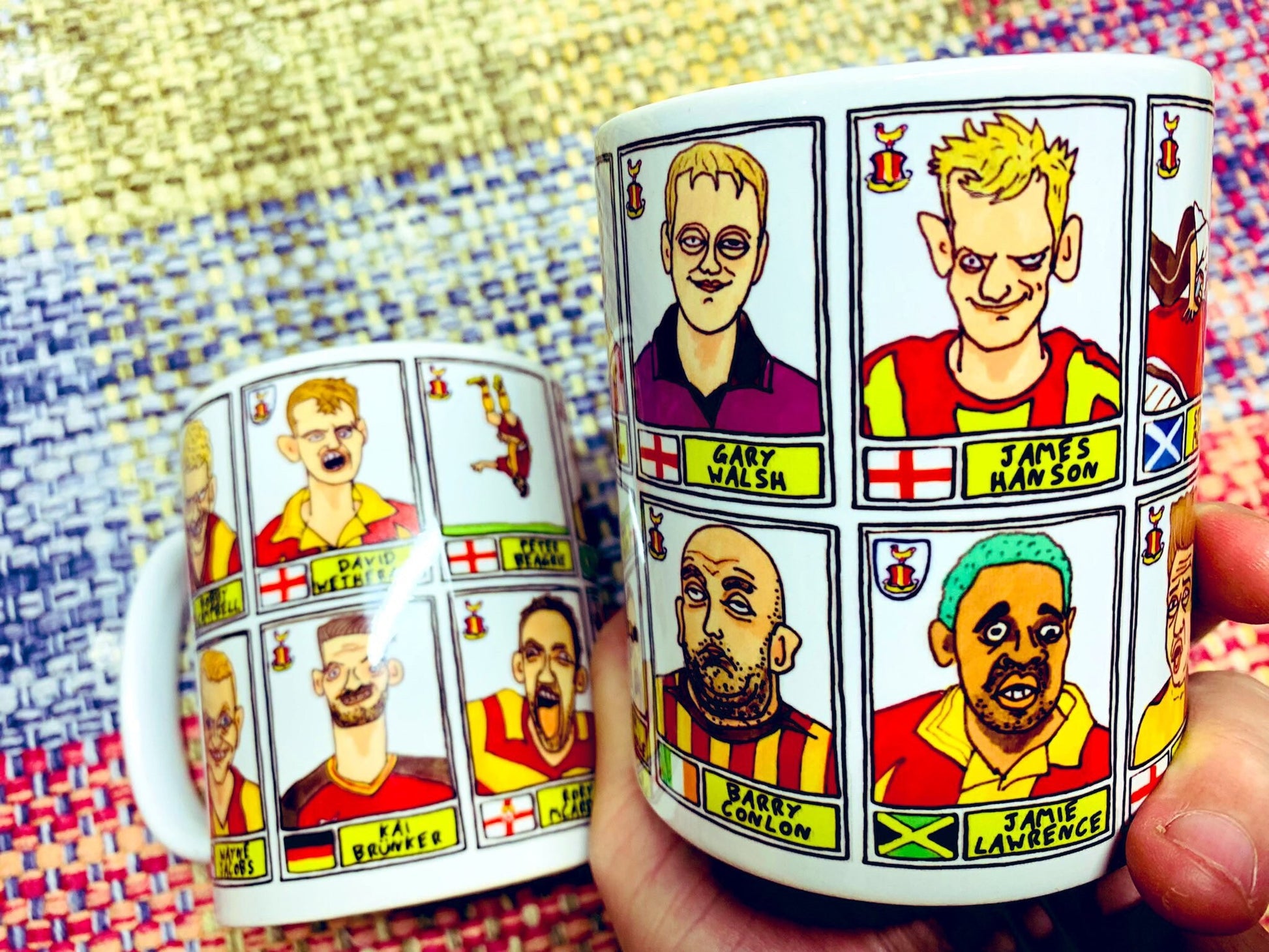 Bradford City No Score Draws Mug Set - Set of TWO 11oz Ceramic Mugs with Wonky Panini sticker-style doodles of Various Bantams BCAFC Icons