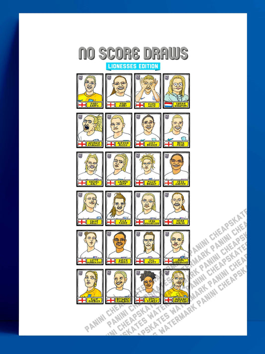 England Lionesses Vol 1 - No Score Draws Lionesses Edition -A3 print of 24 hand-drawn Panini-style doodles of England Women's Euro2022 Squad