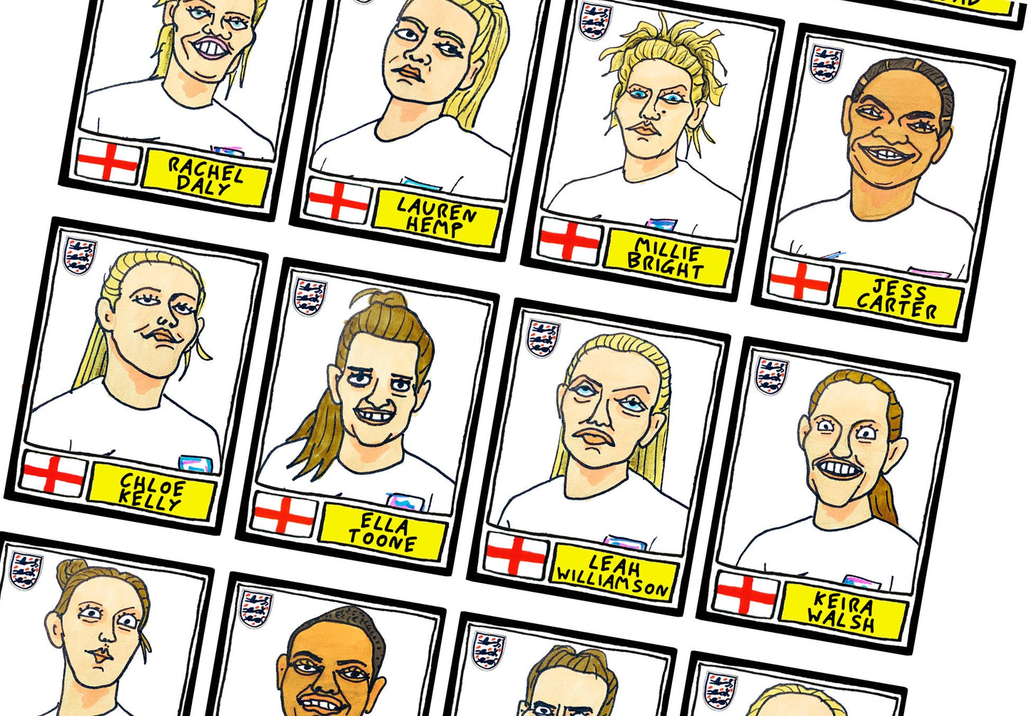 England Lionesses Vol 1 - No Score Draws Lionesses Edition -A3 print of 24 hand-drawn Panini-style doodles of England Women's Euro2022 Squad