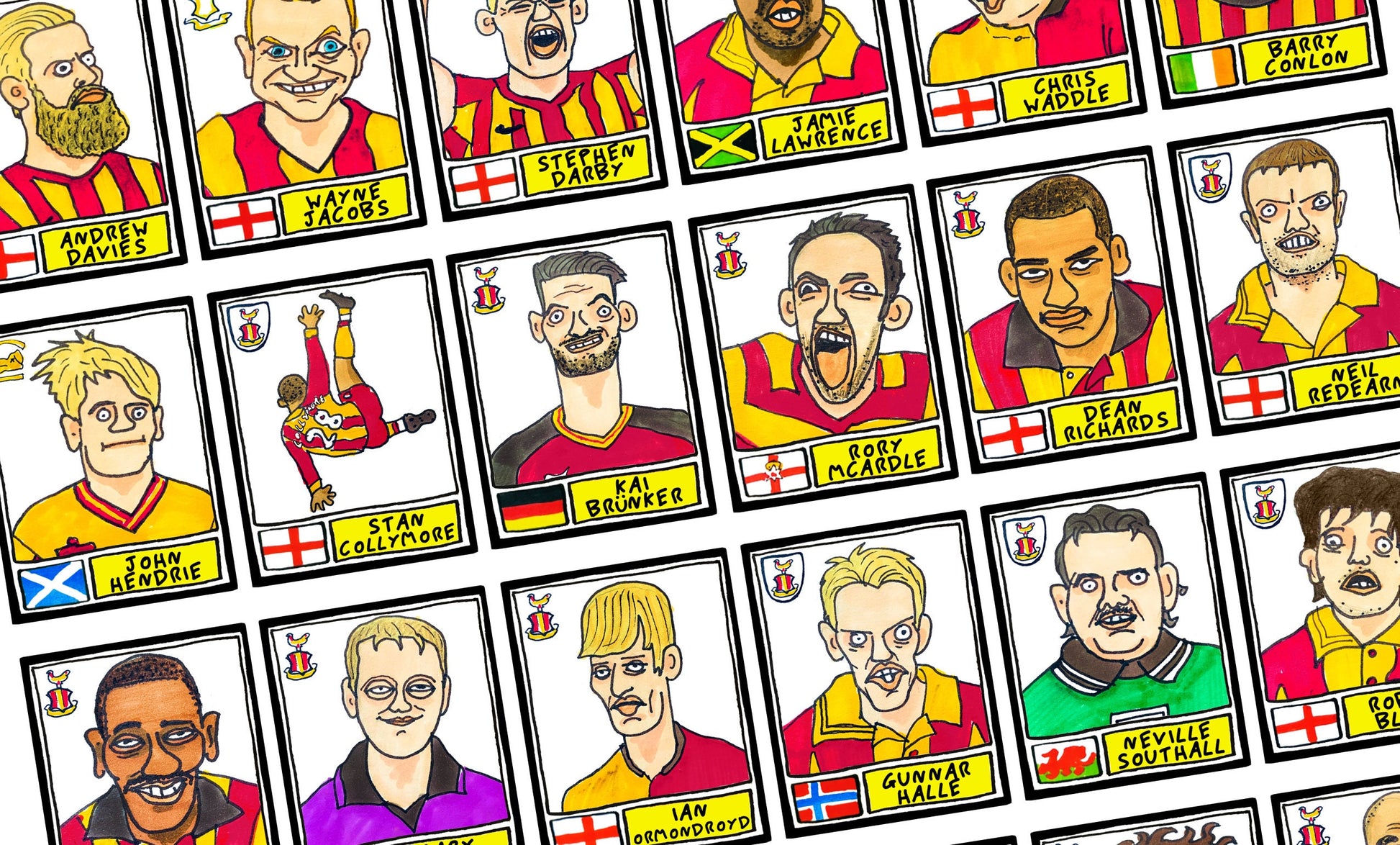 Bradford City - No Score Draws Bantams Edition - A3 print of 36 hand-drawn Panini-sticker-style BCAFC icons - Wonky Cheapskate football art