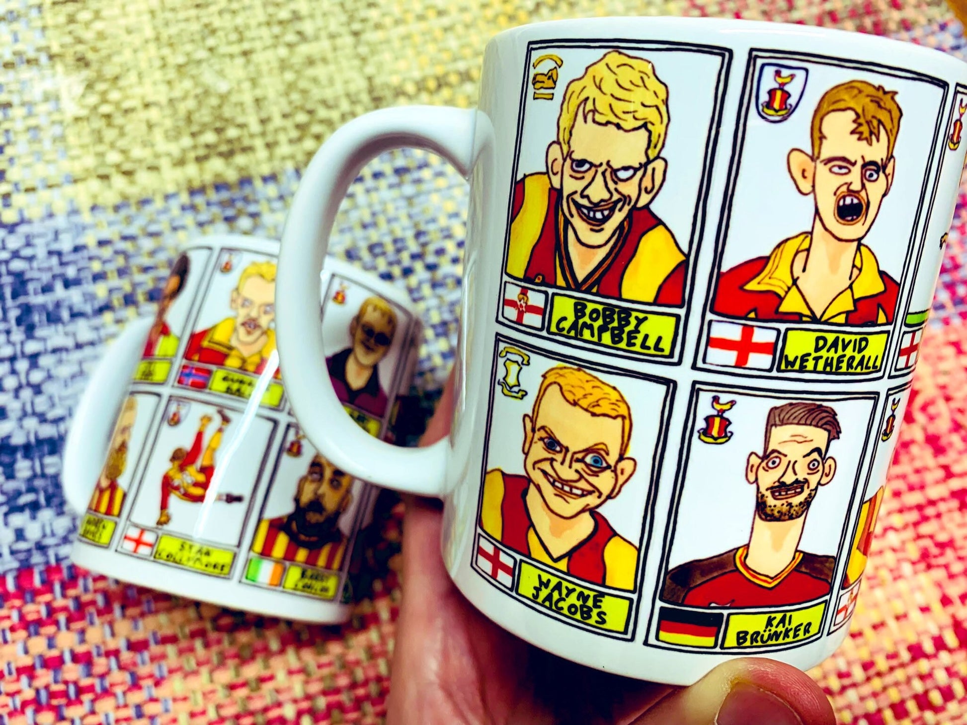 Bradford City No Score Draws Mug Set - Set of TWO 11oz Ceramic Mugs with Wonky Panini sticker-style doodles of Various Bantams BCAFC Icons