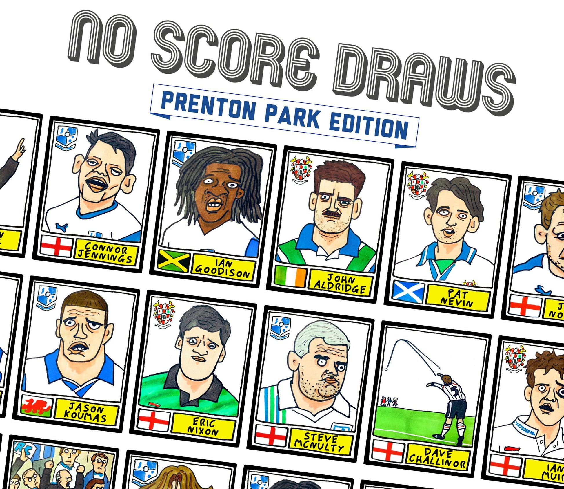 Tranmere Rovers - No Score Draws Prenton Park Edition - A3 print of 36 hand-drawn Wonky Panini-sticker-style TRFC Icons - Wonky Football Art