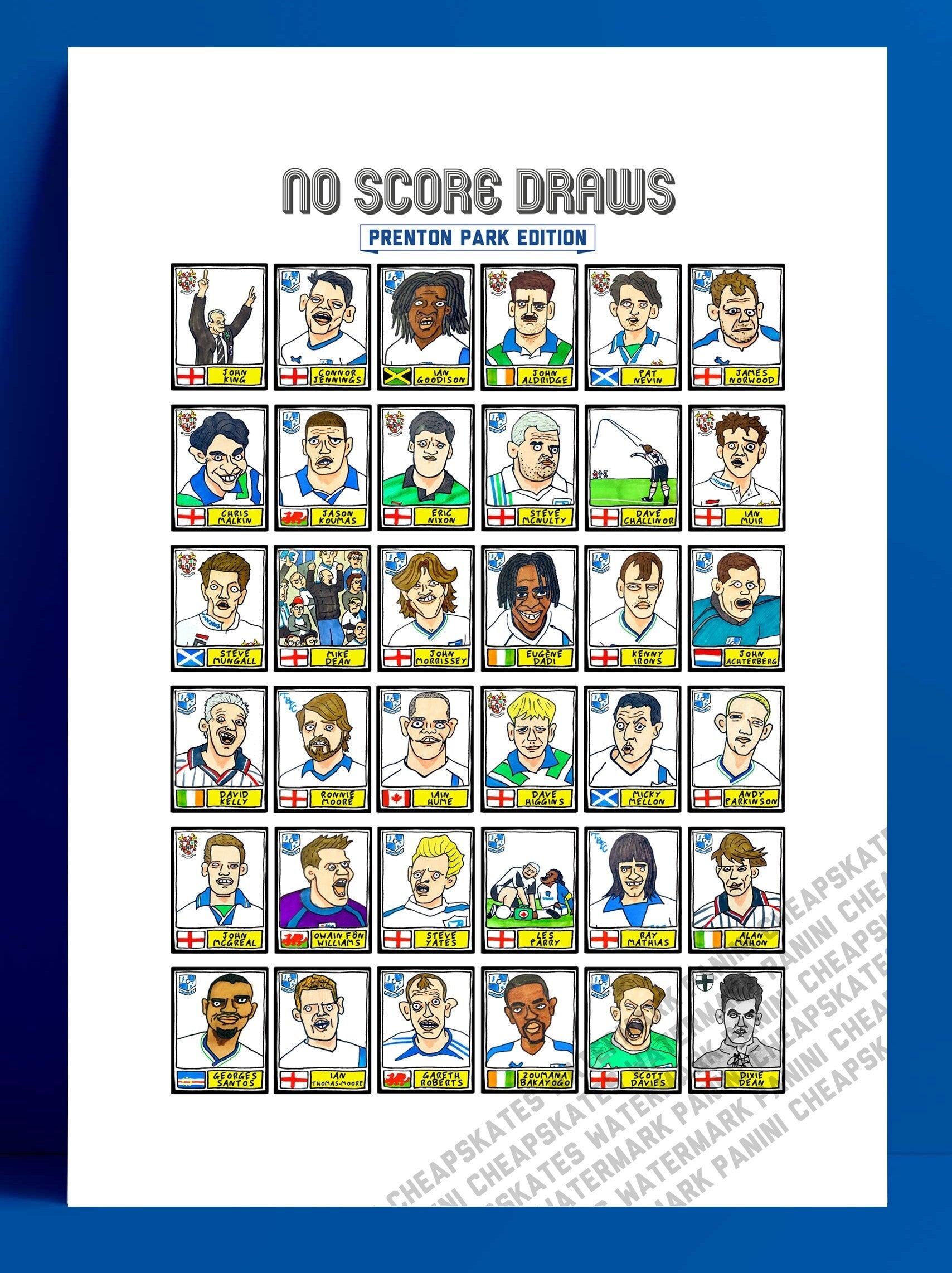 Tranmere Rovers - No Score Draws Prenton Park Edition - A3 print of 36 hand-drawn Wonky Panini-sticker-style TRFC Icons - Wonky Football Art