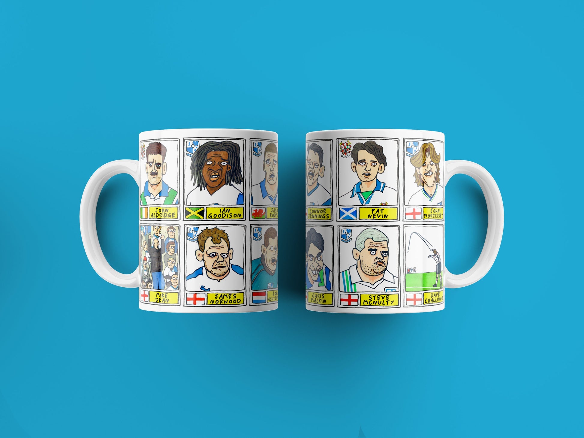 Tranmere Rovers No Score Draws Mug Set - Set of TWO 11oz Ceramic Mugs with Wonky Panini sticker-style doodles of Various TRFC Icons