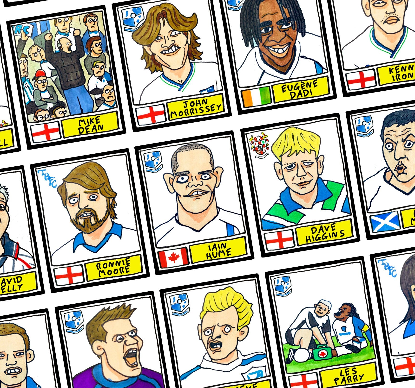 Tranmere Rovers - No Score Draws Prenton Park Edition - A3 print of 36 hand-drawn Wonky Panini-sticker-style TRFC Icons - Wonky Football Art