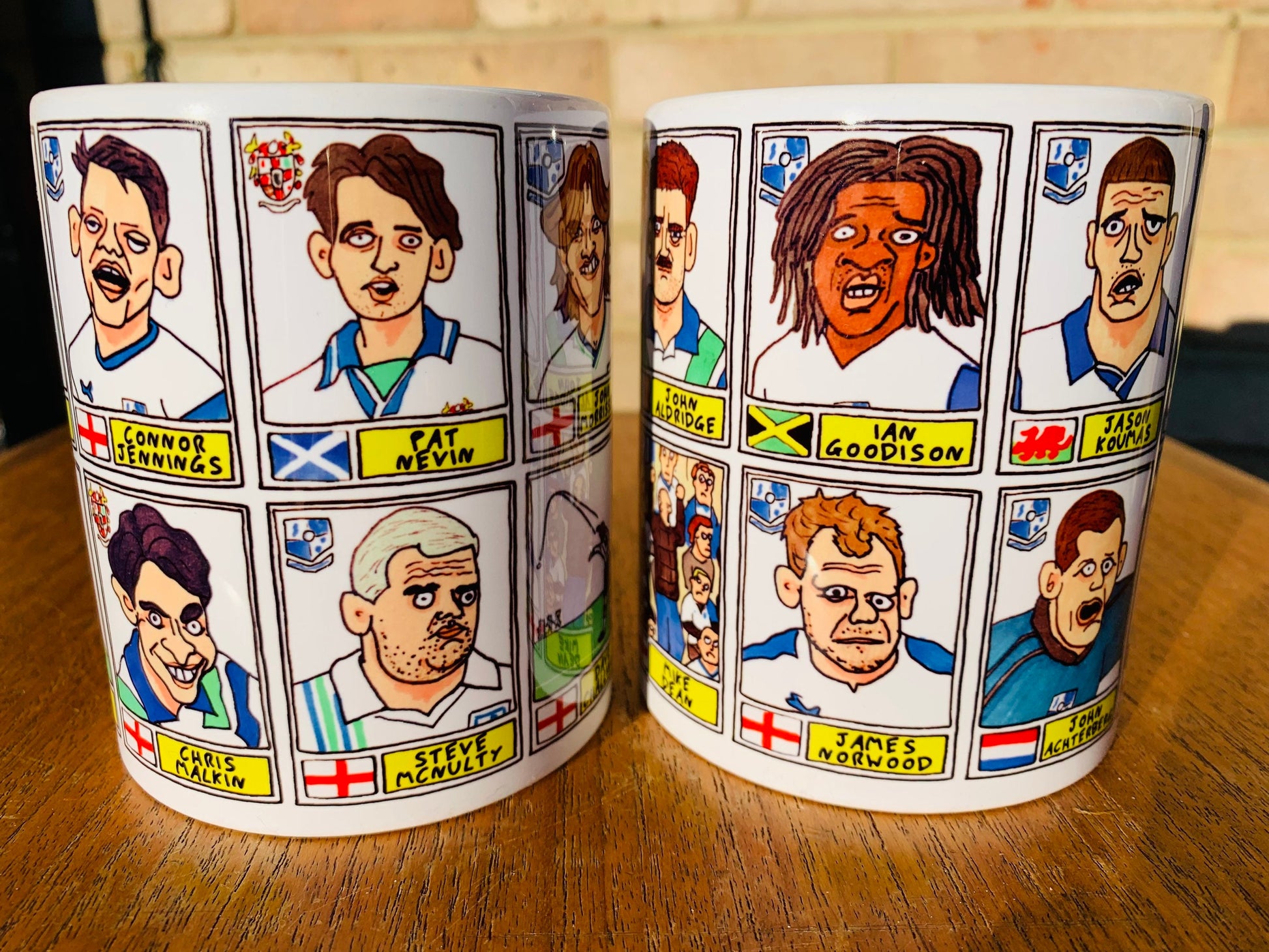 Tranmere Rovers No Score Draws Mug Set - Set of TWO 11oz Ceramic Mugs with Wonky Panini sticker-style doodles of Various TRFC Icons