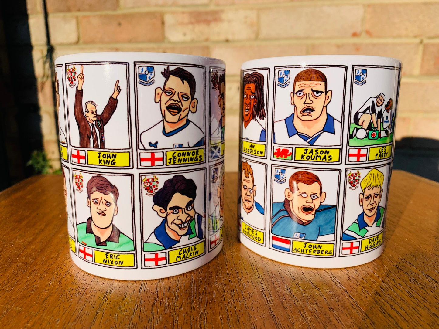 Tranmere Rovers No Score Draws Mug Set - Set of TWO 11oz Ceramic Mugs with Wonky Panini sticker-style doodles of Various TRFC Icons