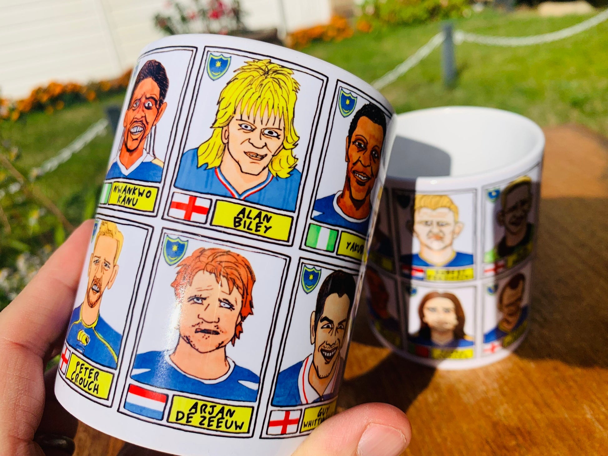 Portsmouth No Score Draws Mug Set - Set of TWO 11oz Ceramic Mugs with Wonky Panini sticker-style No Score Draws Doodles of 24 Pompey icons