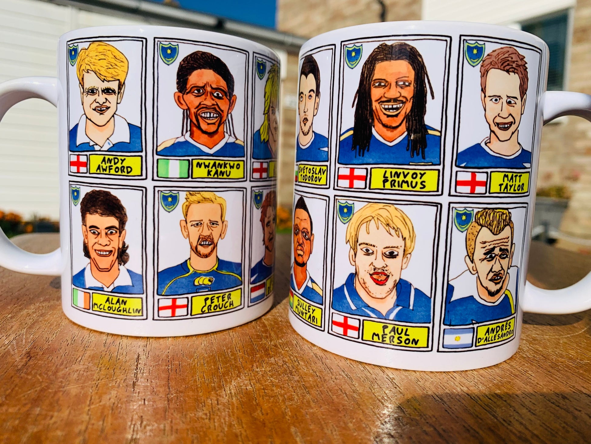 Portsmouth No Score Draws Mug Set - Set of TWO 11oz Ceramic Mugs with Wonky Panini sticker-style No Score Draws Doodles of 24 Pompey icons