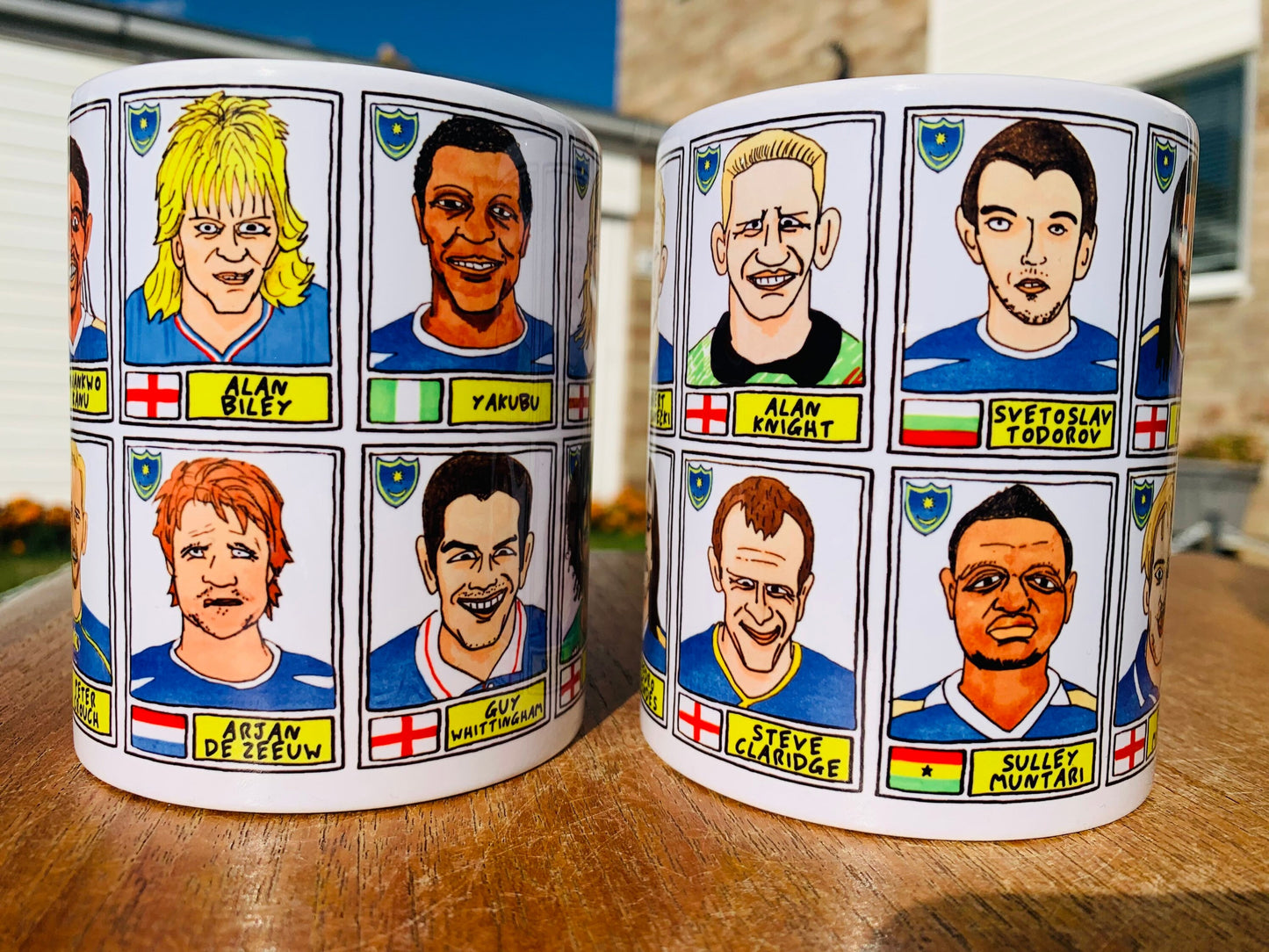 Portsmouth No Score Draws Mug Set - Set of TWO 11oz Ceramic Mugs with Wonky Panini sticker-style No Score Draws Doodles of 24 Pompey icons