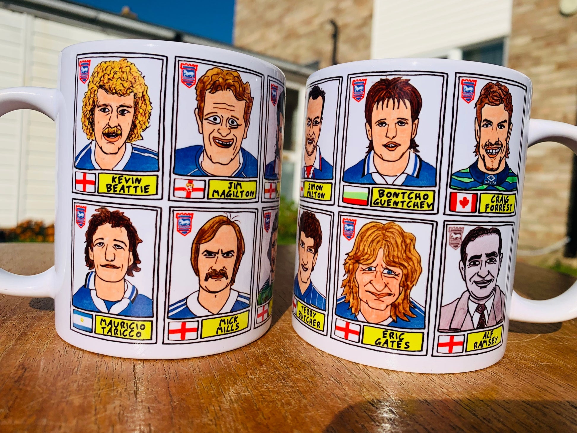 Ipswich Town Mug Set - Set of TWO 11oz Ceramic Mugs with Wonky Panini sticker-style No Score Draws Doodles of 24 ITFC Tractor Boys icons