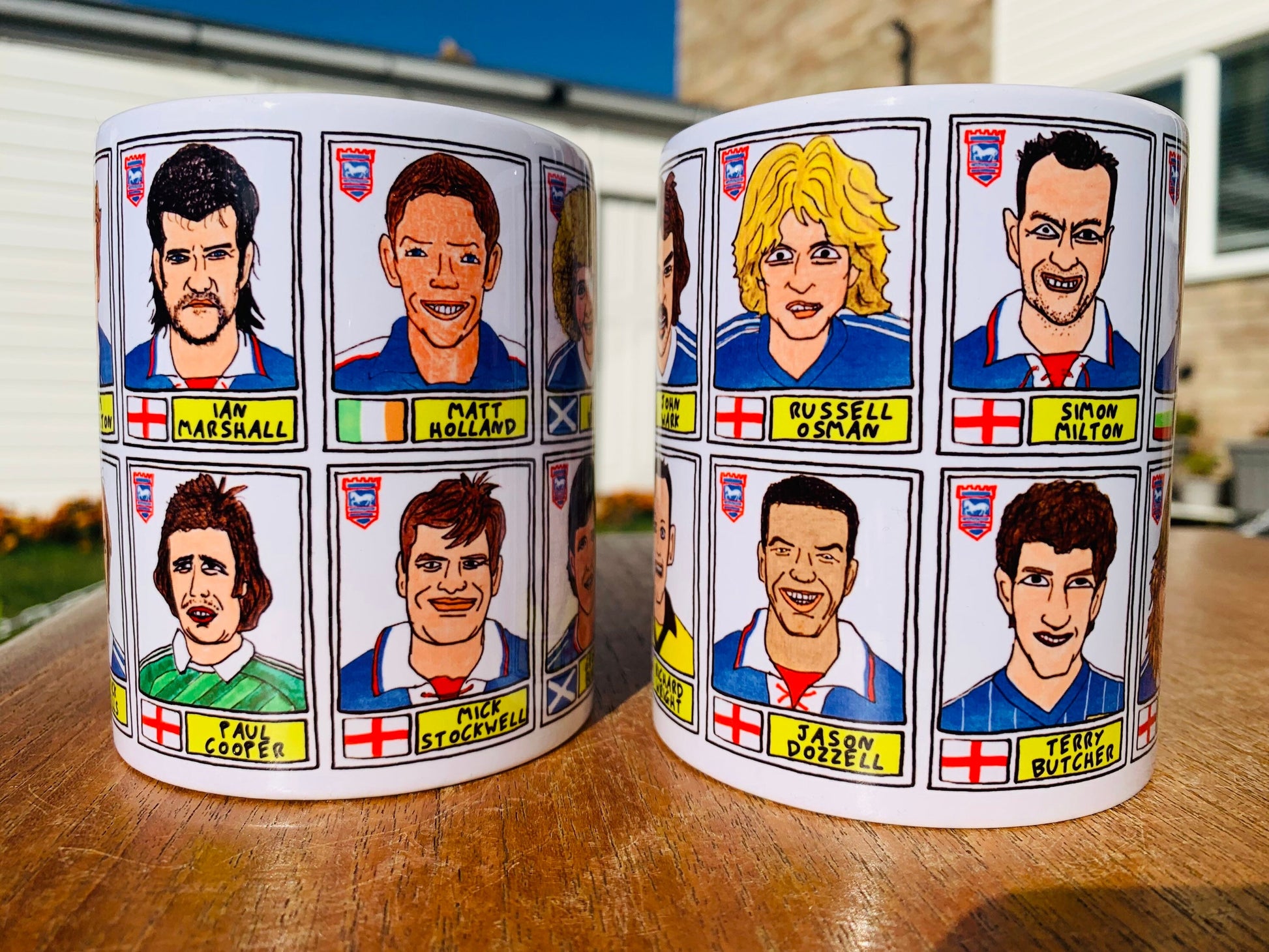 Ipswich Town Mug Set - Set of TWO 11oz Ceramic Mugs with Wonky Panini sticker-style No Score Draws Doodles of 24 ITFC Tractor Boys icons