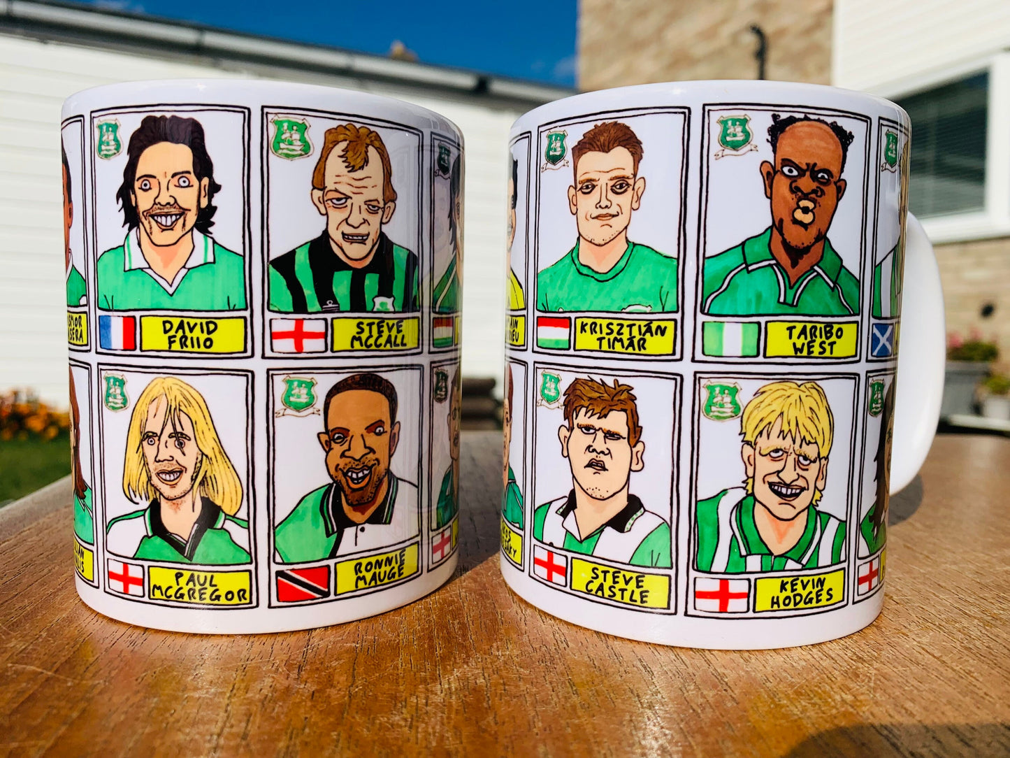 Plymouth Argyle No Score Draws Mug Set - Set of TWO 11oz Ceramic Mugs with Wonky Panini sticker-style PAFC Pilgrims No Score Draws Doodles