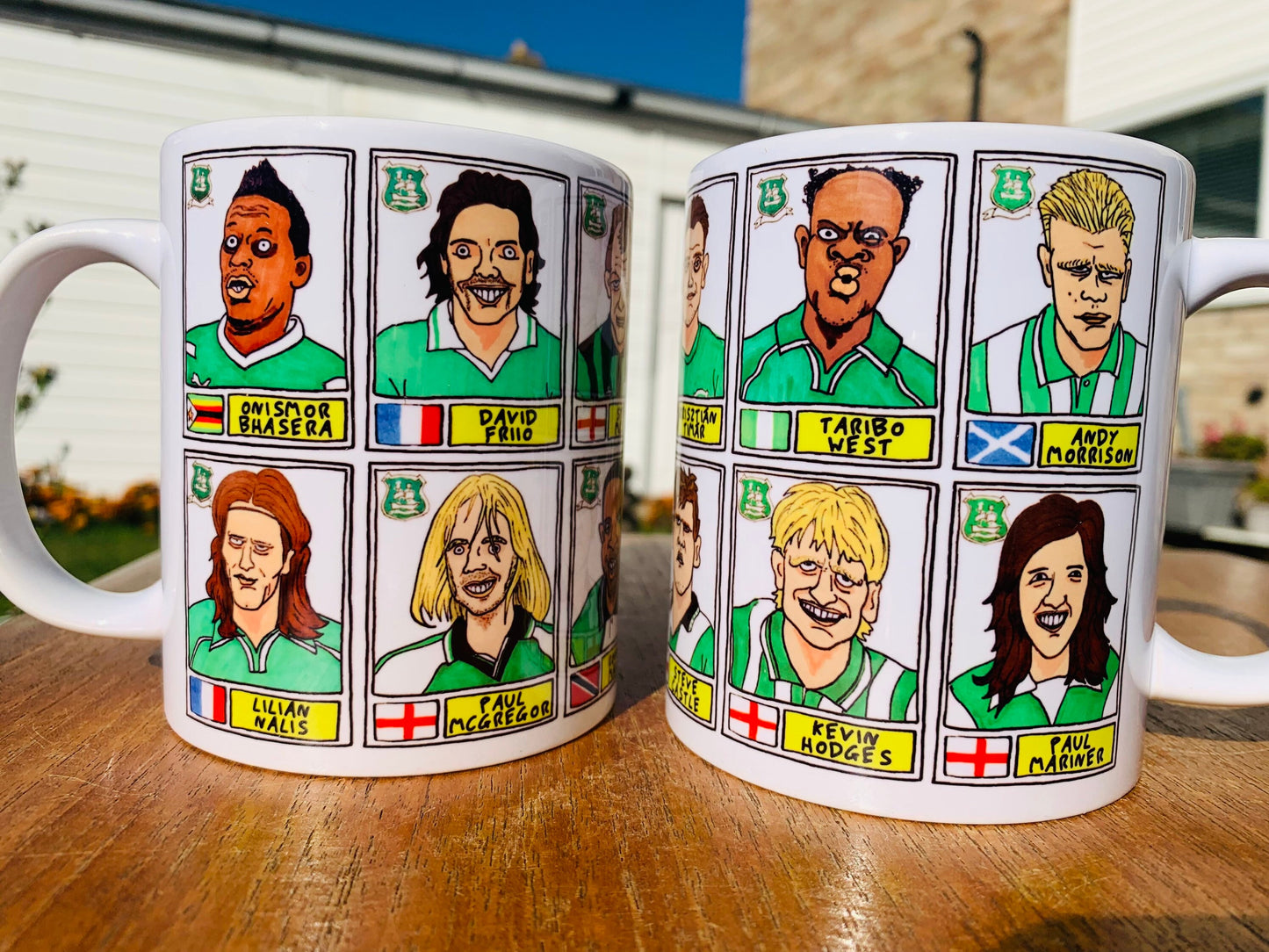 Plymouth Argyle No Score Draws Mug Set - Set of TWO 11oz Ceramic Mugs with Wonky Panini sticker-style PAFC Pilgrims No Score Draws Doodles